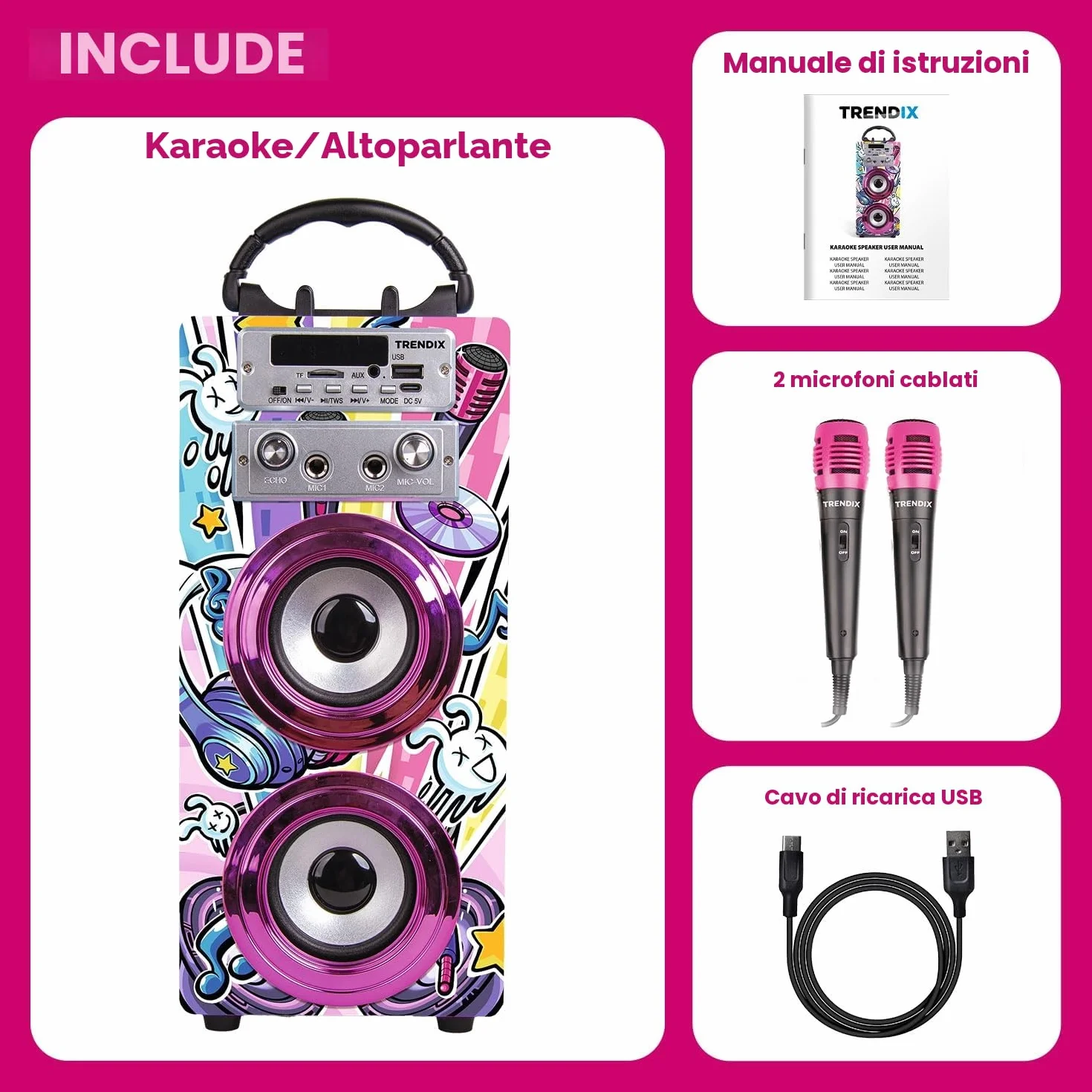 Karaoke Per Bambini Party Edition Con Microfono Cassa Bluetooth Radio Fm Usb 2 Microfoni Rosa