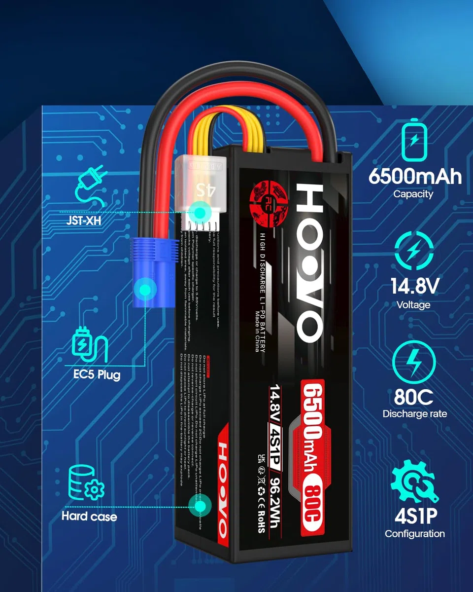 Batteria Lipo 4S 14,8 V 6500 mAh 80 C RC batteria EC5 spina Hard Case ricaricabile HOOVO per RC Auto Camion Buggy Quadcopter Elicottero Aereo Racing Drone (2 pezzi)