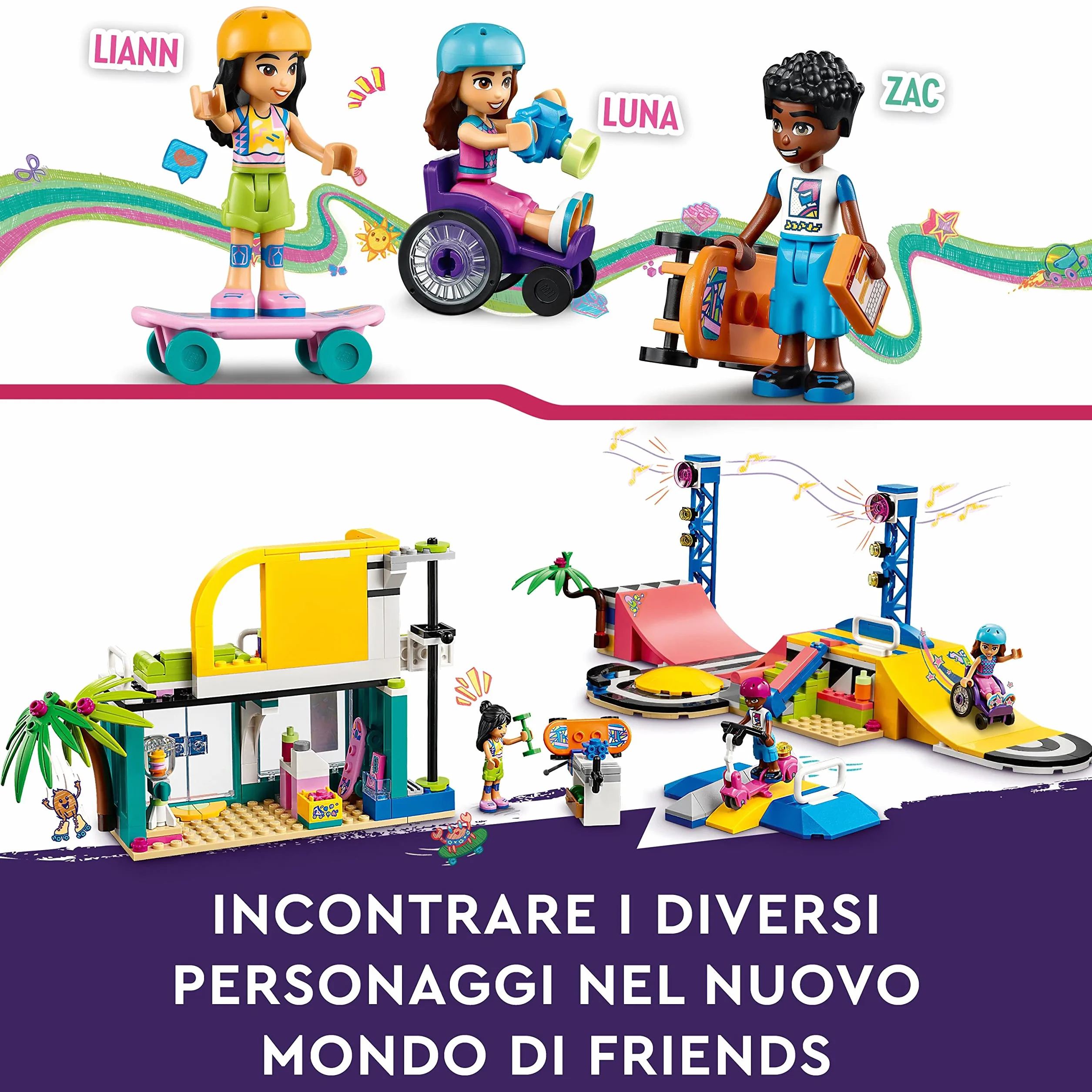 LEGO Friends Skate Park, Set con Rampa da Skateboard, Giochi per Bambine e Bambini dai 6 Anni con Personaggi 2023, Monopattino e Sedia a Rotelle 41751