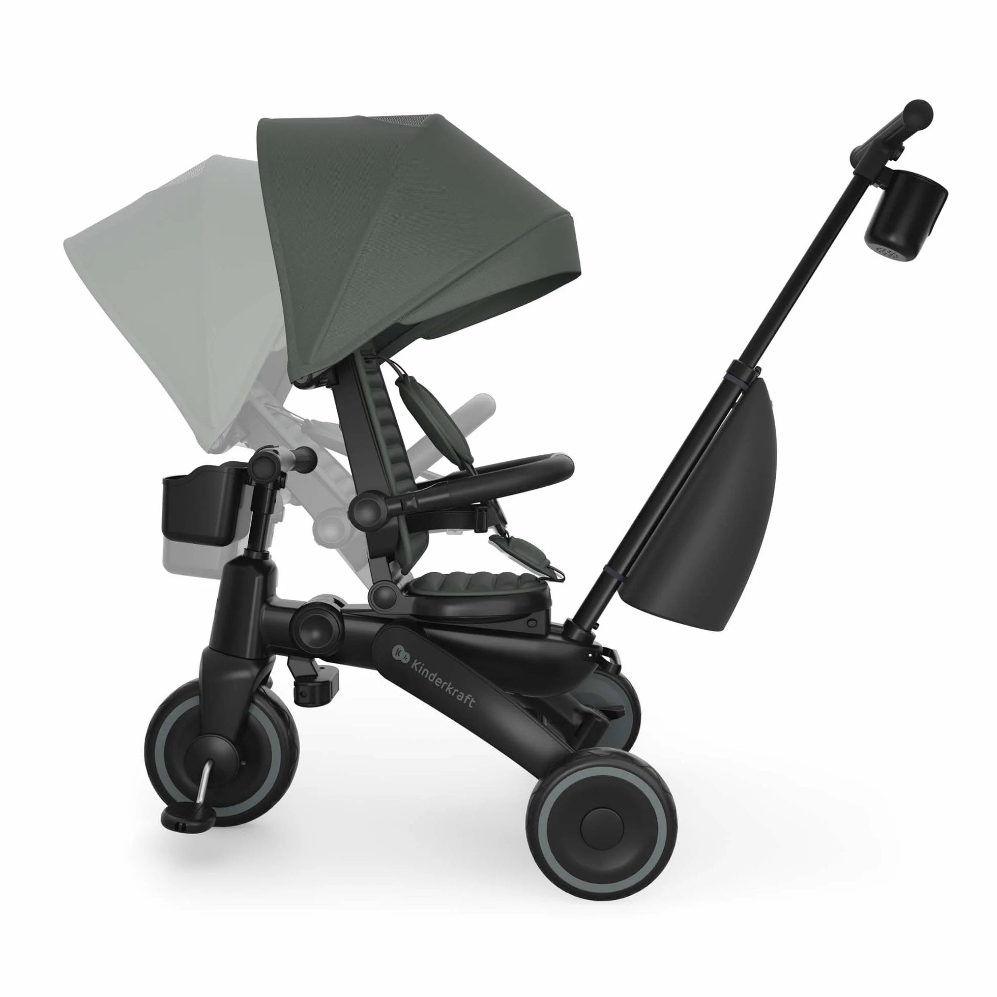 Kinderkraft JAZZ 3 triciclo pieghevole 9 mesi-25 kg, seduta 360°, semi-reclinabile fronte/retro, capotta UPF 50+ impermeabile, ruota libera, chiusura compatta, Verde