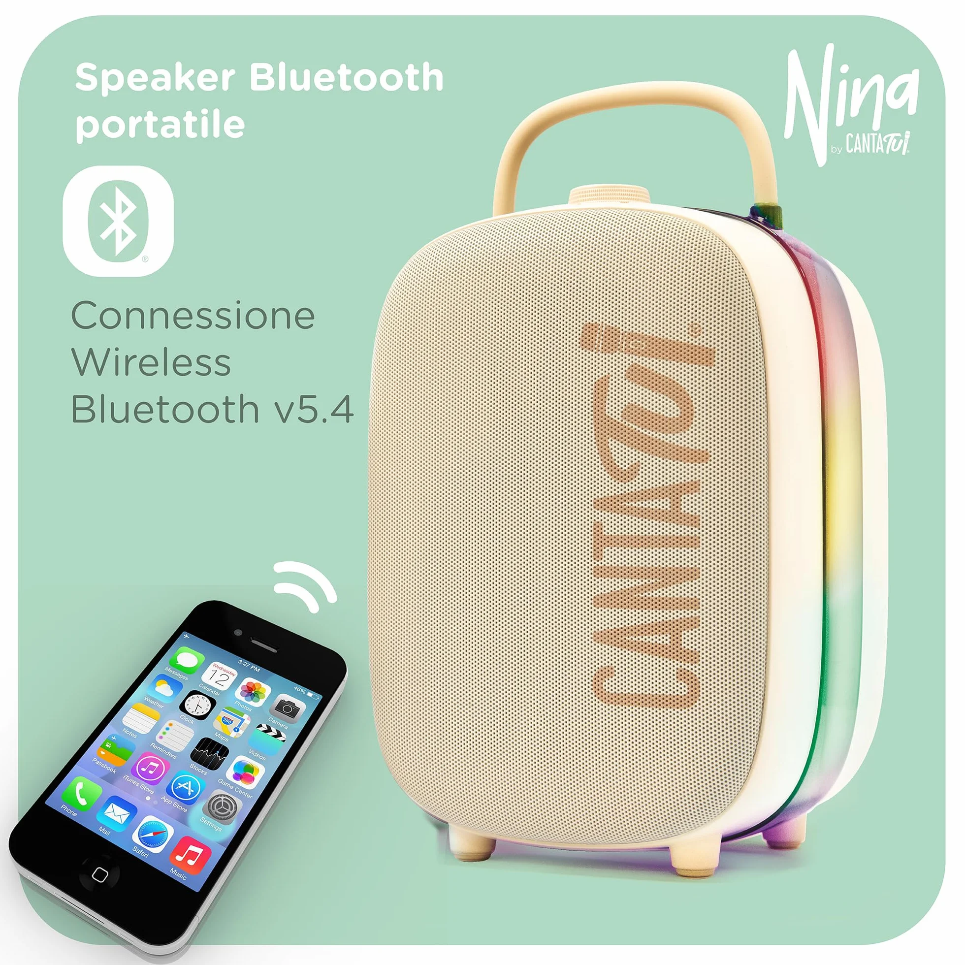 Canta Tu Nina Macchina Karaoke 2 Microfoni Wireless Bluetooth Altoparlante Portatile Luci LED Cambio Voci Beige