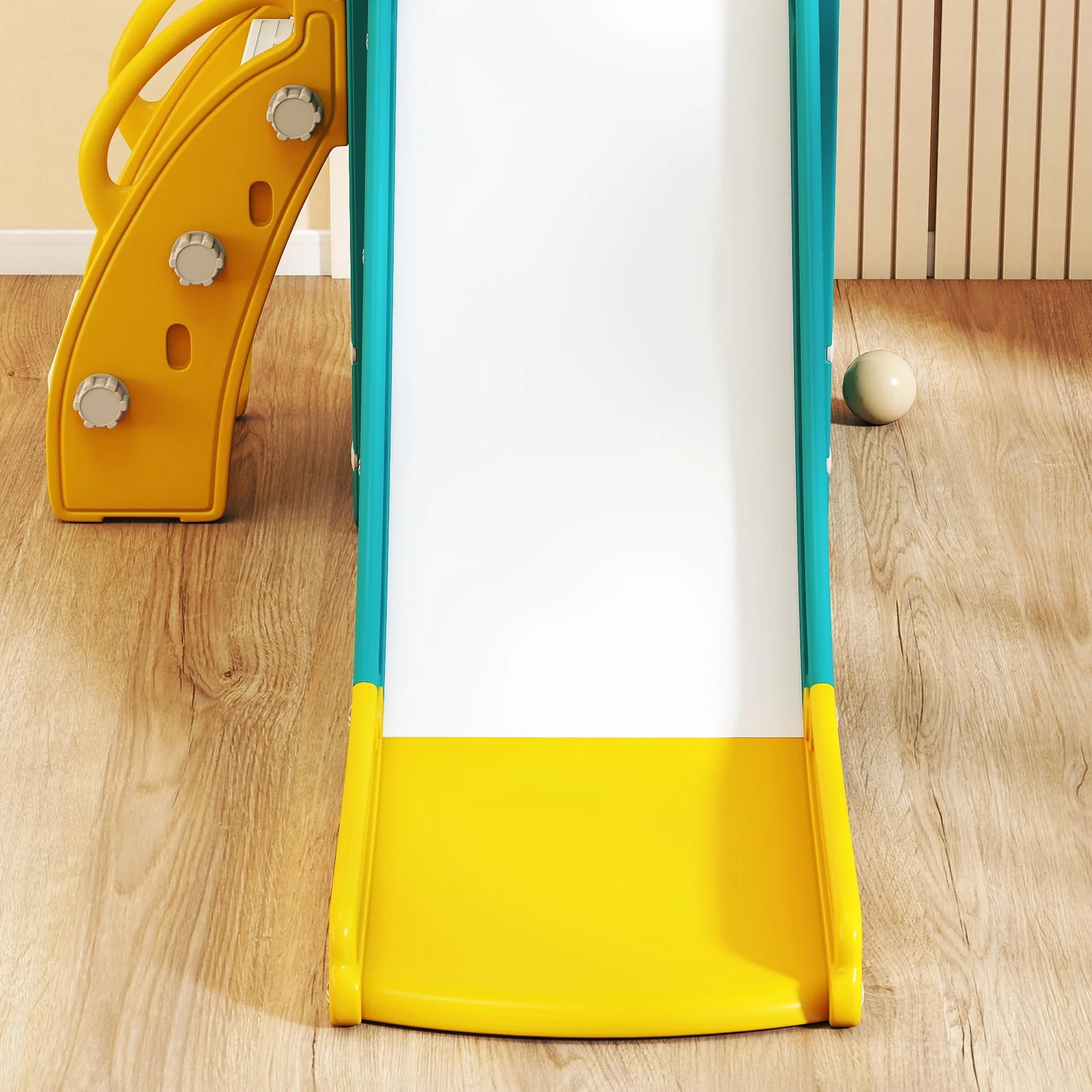 AIYAPLAY Set Scivolo per Bambini 5 in 1 con Canestro, Scaletta, Telescopio Giocattolo e Contenitori, Giochi per Bambini da Interno ed Esterno Età 1-3 Anni, Giallo
