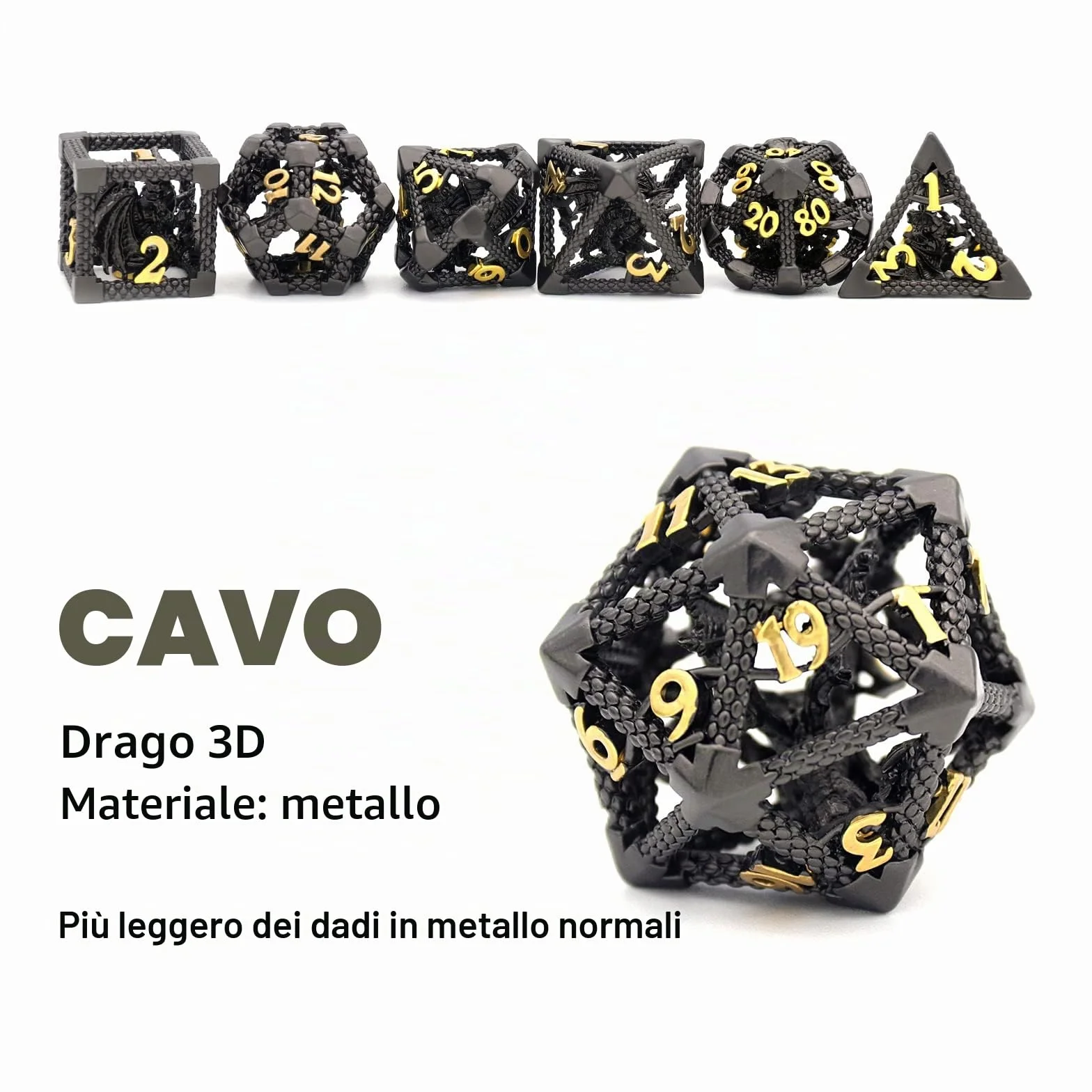 Set di Dadi Poliedrici in Metallo HNCCESG – 7 Pezzi per Giochi di Ruolo e da Tavolo (Design 3D Drago Cavo, Nero)