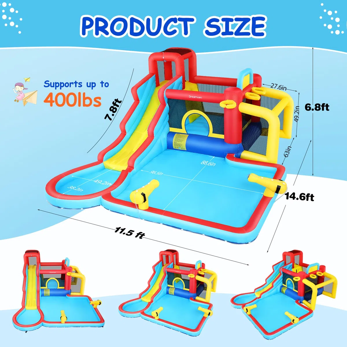 AKEYDIY Scivolo d'acqua per bambini 10 in 1, casetta gonfiabile con piscina spruzzi