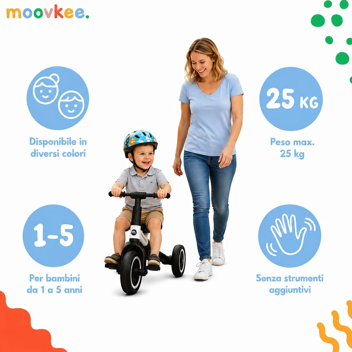 Triciclo Bambini Evolutivo 6 in 1 - Bicicletta Bambini da 1 a 5 Anni - Triciclo per Bambini fino 25 kg con Cintura, Sella Regolabile, con o Senza Pedali - Triciclo con Maniglione