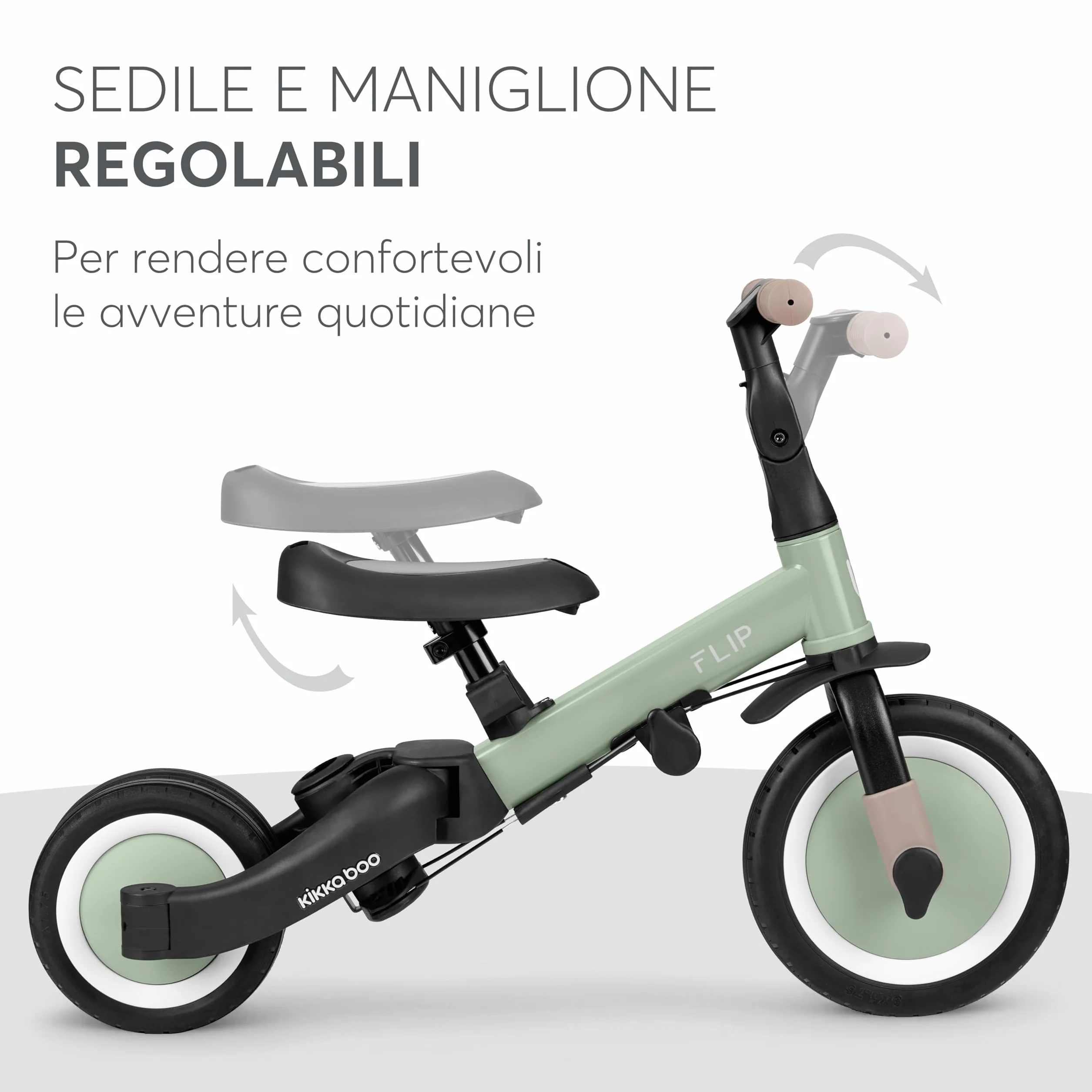 KikkaBoo Triciclo Evolutivo 5 in 1 per Bambini da 1 a 5 Anni FLIP, Triciclo Passeggino con Maniglione Regolabile, Con o Senza Pedali, Trasformabile in Bicicletta, Verde militare