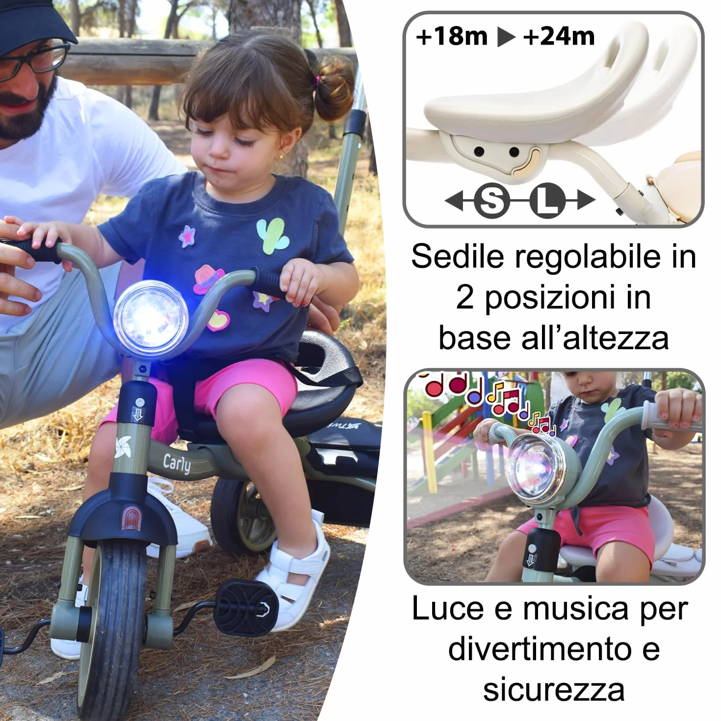 Twinly Triciclo Evolutivo per Bambini Pieghevole per bambini 1-5 Anni - Triciclo per Bambini Leggero e Compatto - Manubrio con Luce e Suono, Cestino e Barra di Spinta Regolabile Carly (Bianco)
