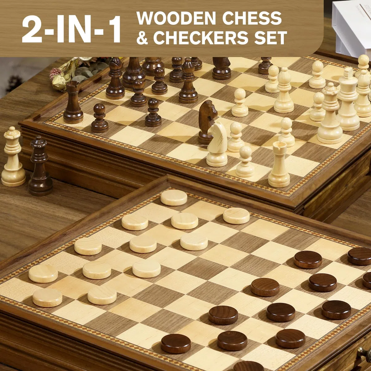 Peradix Scacchi Dame Game 2 in 1 Scacchiera Magnetica in Legno di Noce 38 x 38 cm con Cassetto