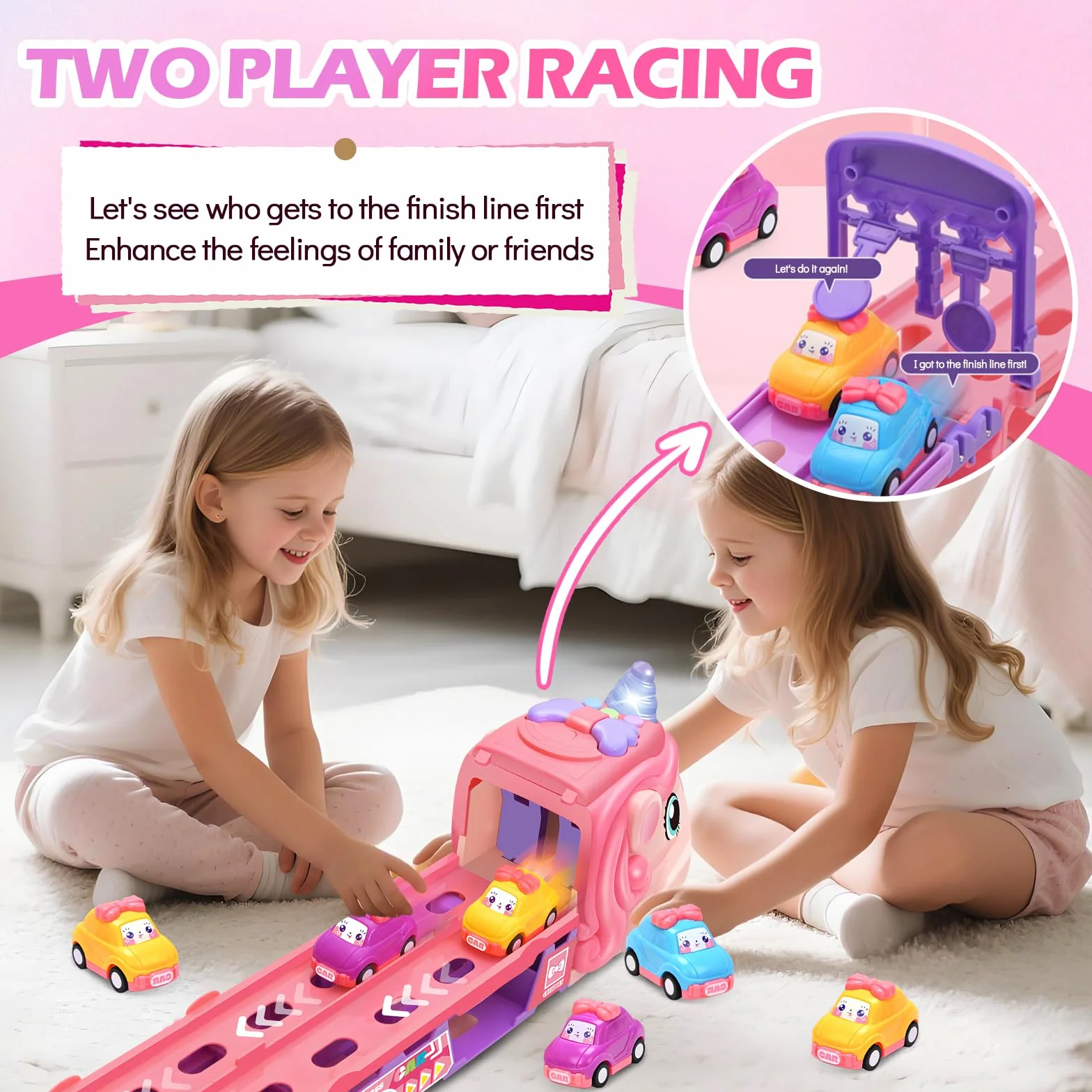 RoserRose Camion Giocattolo per Bambini, Unicorno Camion Porta Macchinine con 6 Mini Cars, Luci e Musica, Regalo Bambina 2 Anni, Macchina Giocattoli per Bambina 2 3 4 5 6 Anni