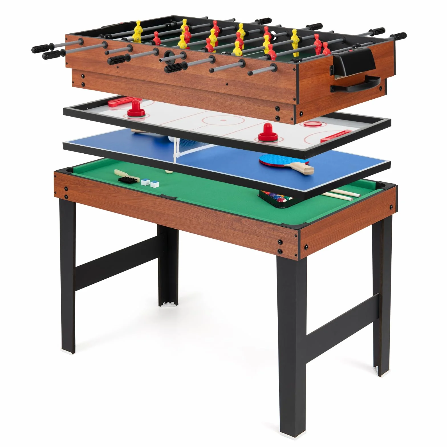 HOMASIS 4 in 1 Tavolo Multigioco con Calcio Balilla, Biliardo, Hockey e Ping Pong, Tavolo da Gioco in Legno per Bambini e Adulti con Accessori, Calcetto da per Casa, Bar, Ufficio