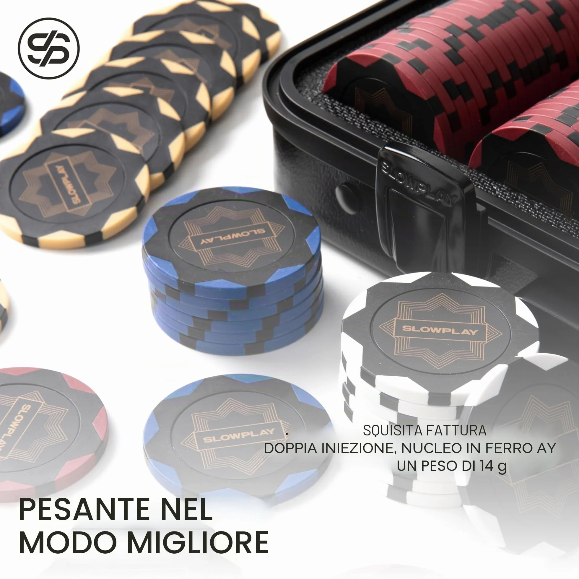 SLOWPLAY Set di fiches da poker Nash in argilla 14 g Black Gold 300 pezzi numerate 1,5,25,100,500 valigetta premium policarbonato