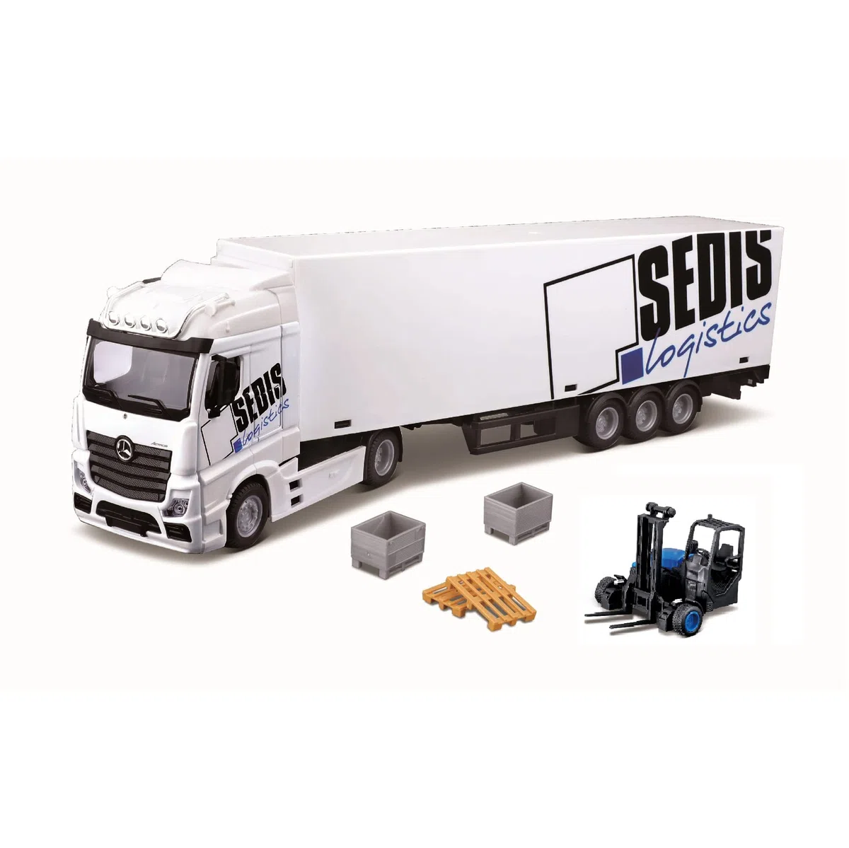 18-31471 Bburago - CAMION CON RIMORCHIO - MERCEDES BENZ ACTROS - CON RIMORCHIO SEDIS LOGISTICS - MULETTO, PALLET E ACCSSORI INCLUSI NELLA CONFEZIONE - SCALA 1:43 - COLORE BIANCO