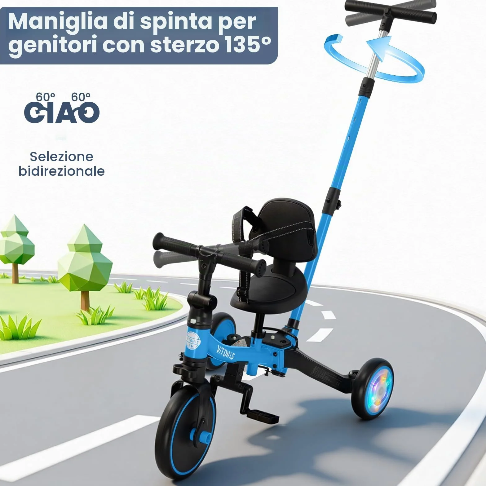 VITONIS Triciclo 5 in 1 per bambini dai 18 mesi ai 3 anni, con ruote lampeggianti, maniglione di spinta, schienale e cintura di sicurezza, regalo per bambini e bambine, bicicletta senza pedali, blu