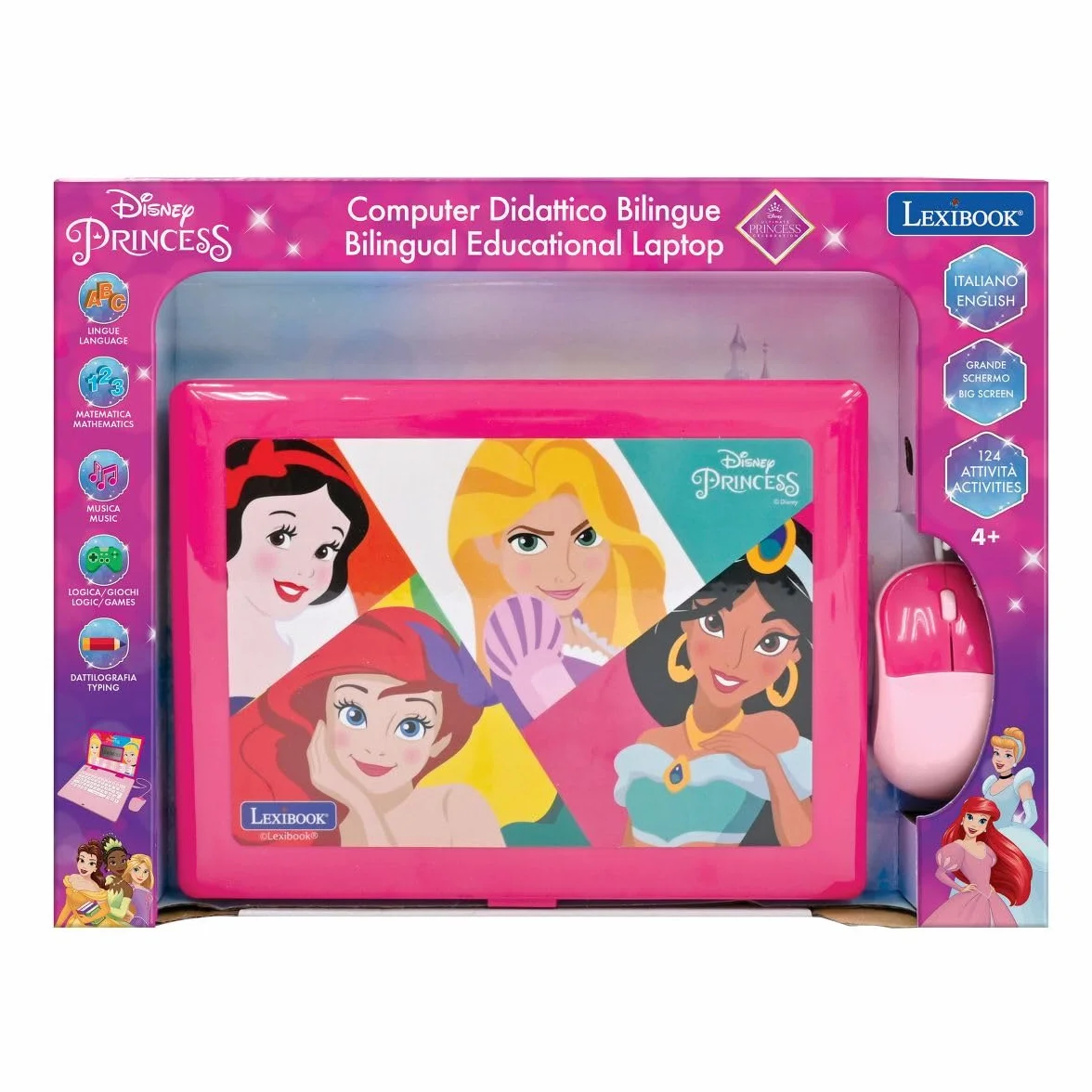 Lexibook, Disney Princess, Laptop Educativo Bilingue con 164 attività (Inglese/Italiano)