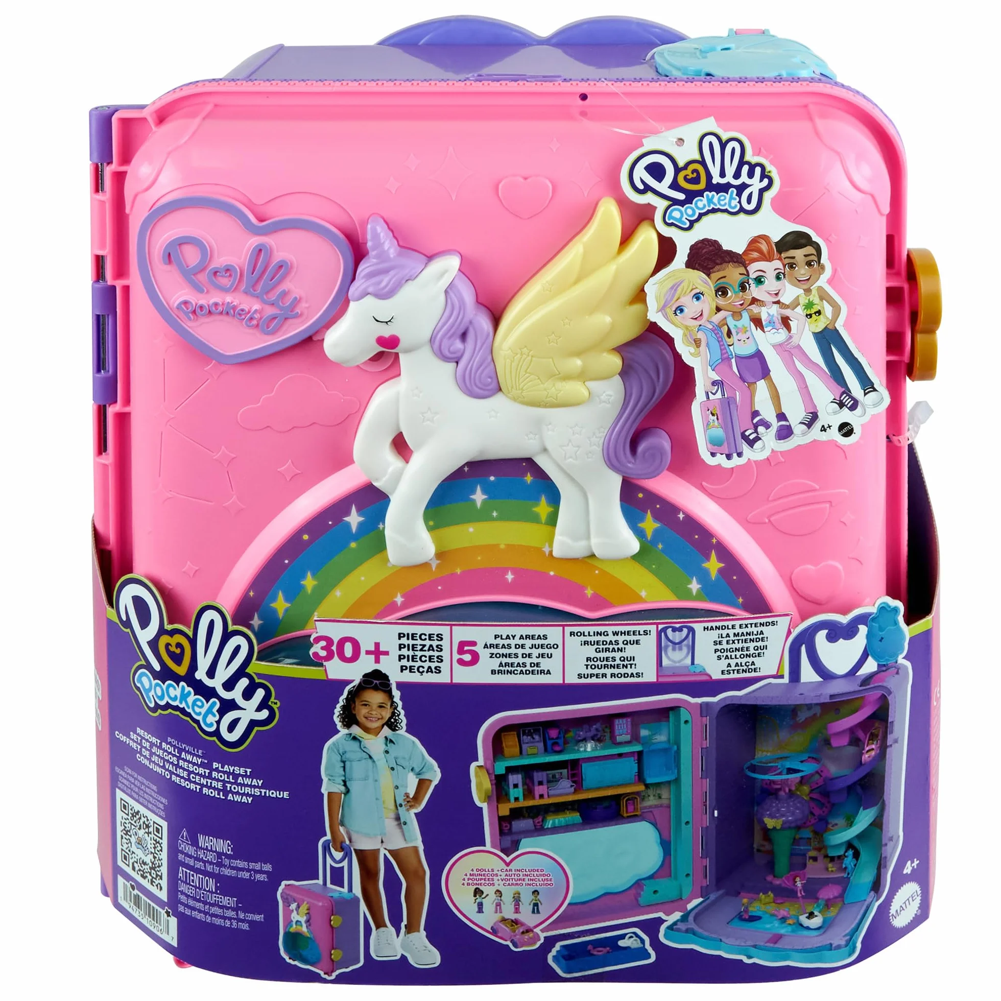 Polly Pocket Pollyville - Trolley Resort Vacanze, playset apribile con 3 località diverse, include 4 bambole, 1 veicolo e 25 accessori, giocattolo per bambini, 4+ anni, HKV43