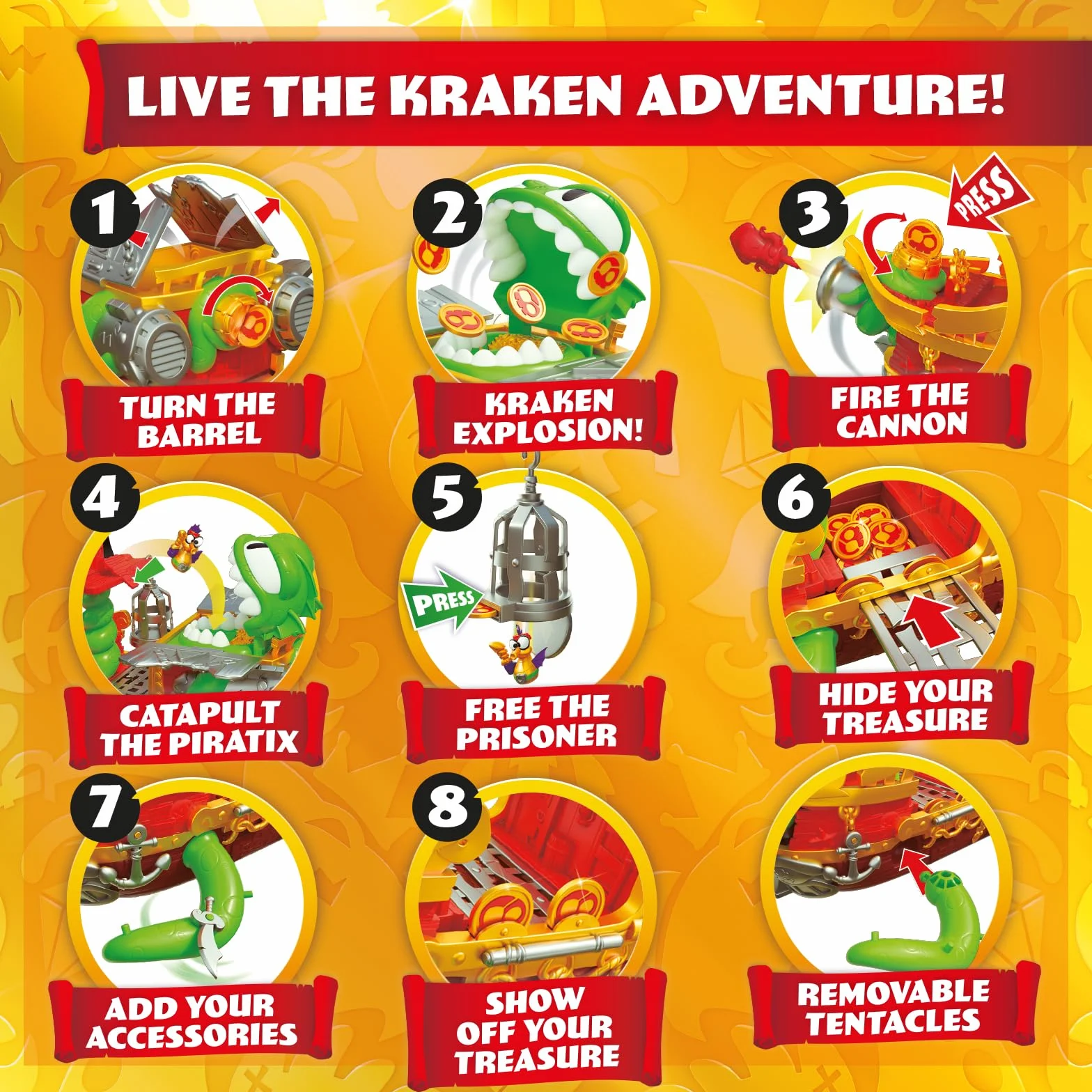 PIRATIX Kraken Ship–Barca Kraken di Piratix.Contiene 1barca Kraken, 2Piratix & accessori esclusivi, 1proiettile a cannone, 1tesoro esclusivo, 6 tesori dorati, 1 bandiera esclusiva, 1 spada, 1 ancora e
