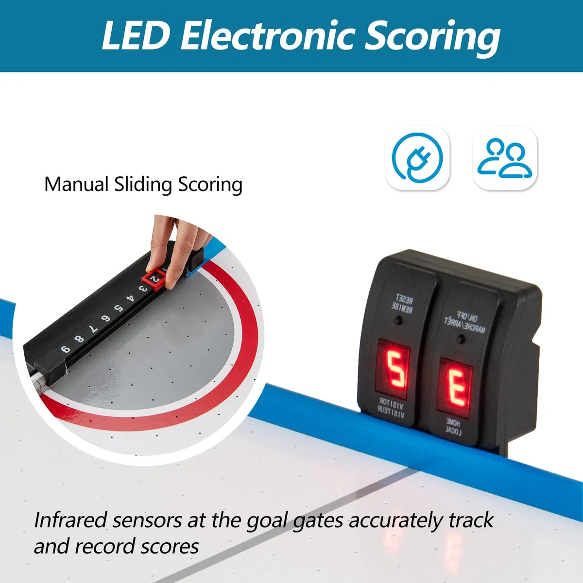 HOMASIS Tavolo da Air Hockey in Legno con Display LED e Motore 12V, 2 Dischi e 2 Pattini