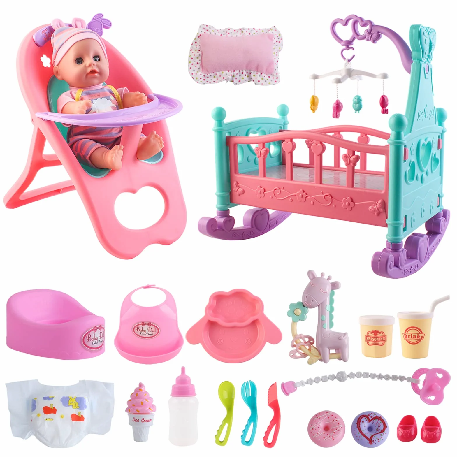 deAO Bambola con Accessori, Set da 21 Pezzi con Culla 12' Bambolotti Bebè Seggiolone e Lettino Giocattolo Educativo per Bambina 3+ Anni in su Idea Regalo per Natale o Compleanno