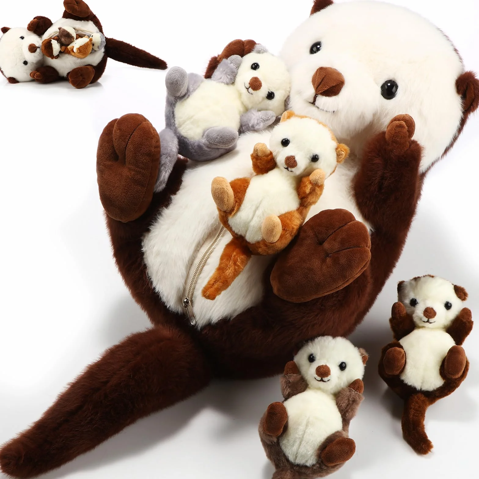5 Pezzi Set di Animali di Peluche Mamma Lontra Marina con 4 Teneri Cuccioli nella Pancia Peluche 16,5 Pollici Lontra Marina Morbido e Coccoloso con Cerniera per Bambino Compleanno Natale