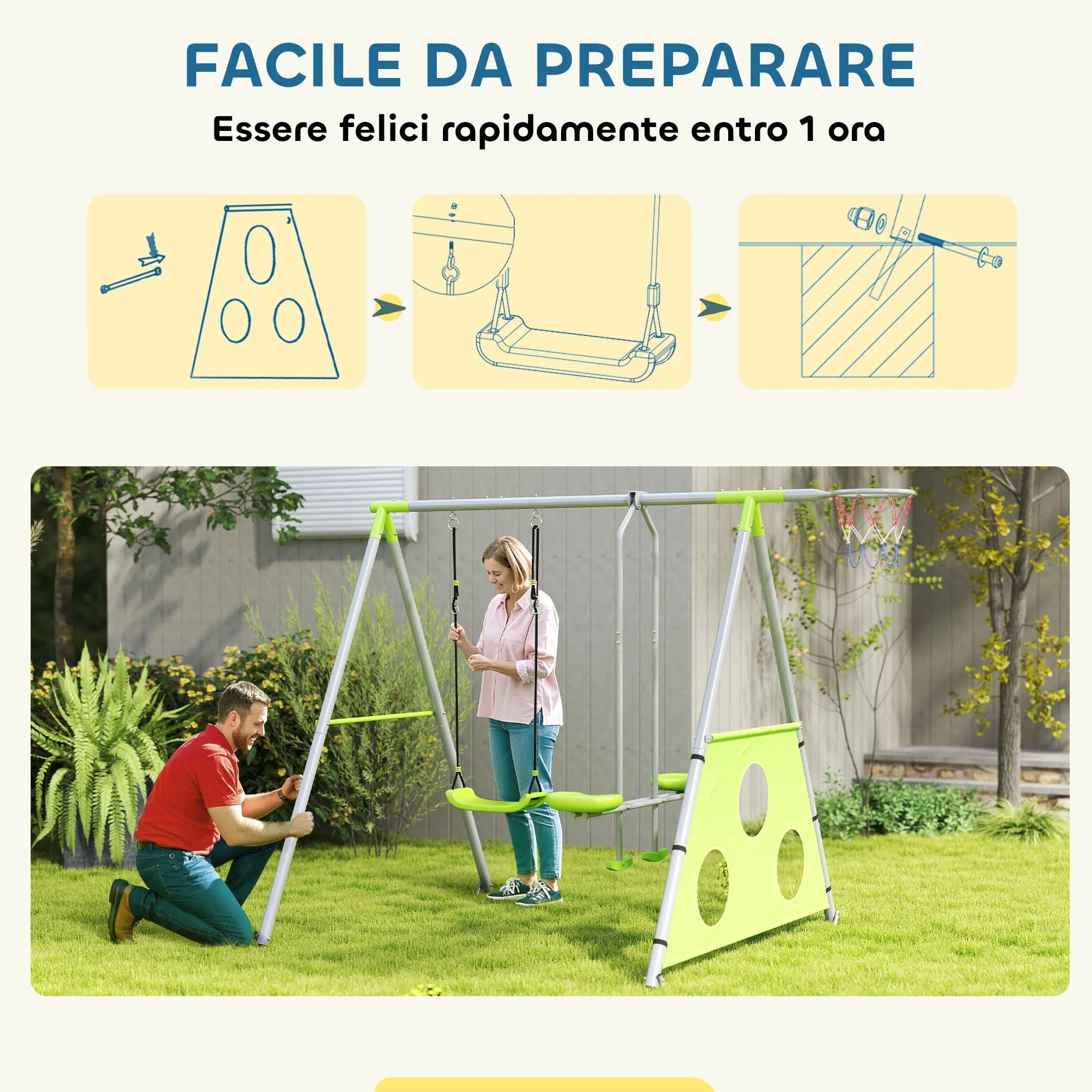 AIYAPLAY Set Altalena da Giardino per Bambini 3 in 1 con Altalena per Bambini, Canestro da Basket e Porta da Calcio, Gioco per Bambini 3-8 Anni con Telaio ad A in Metallo per Uso Esterno, Carico 90kg