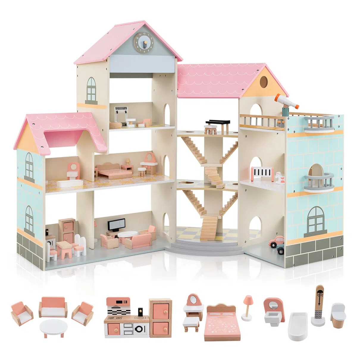 RELAX4LIFE Casa delle Bambole Alto 95 cm, Villa di Lusso in Legno, 41 Mobili e Accessori inclusi, Cameretta, Terrazza e Garage, Giocattolo per Bambini 3+ Anni (ROSA)