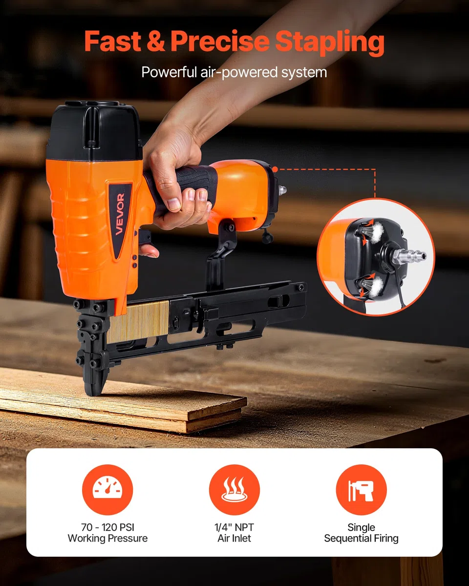 VEVOR Troncatrice Sparachiodi Pneumatica, Calibro 16, 10,8 mm, Corona Media, Lunghezza da 25 mm a 50 mm, da 70 a 120 PSI, per Coperture di Tetti, Rivestimenti di Pareti, Recinzioni e Sottopavimenti