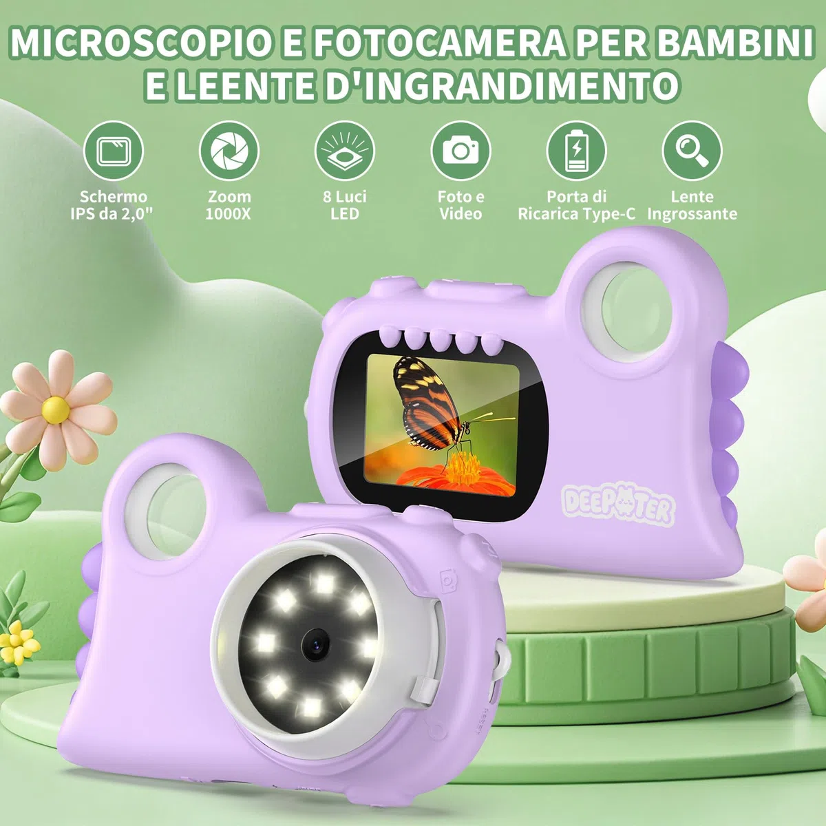 2 in 1 Microscopio Bambini, Deepoter 1000X Microscopio Digitale, Microscopios Portatile con 8 LED Regolabili, Adatto come Regalo di Natale, Compleanno o Capodannodai 3 Aagli 12 Anni, Viola