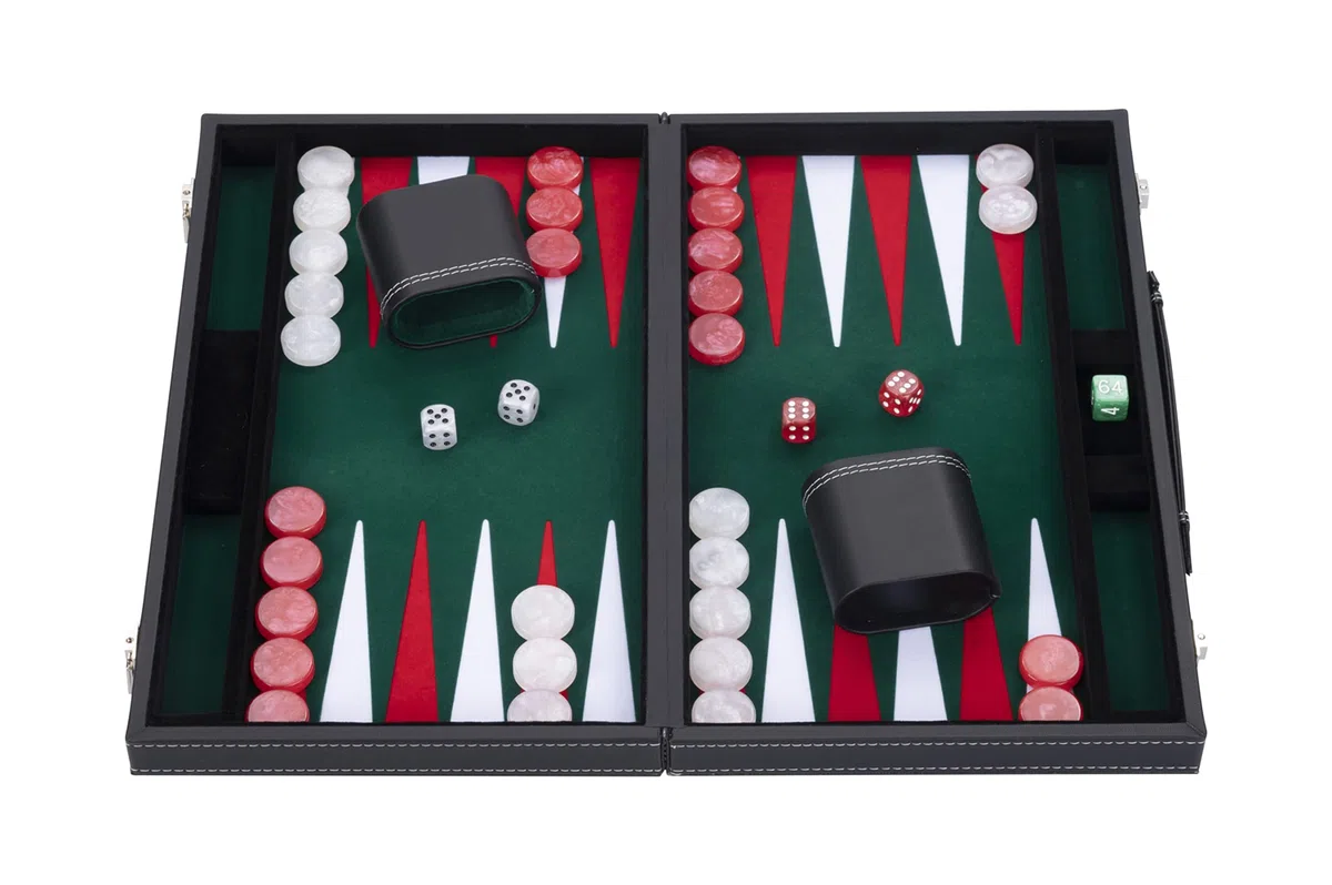 Engelhart - 250511 - Grande Backgammon di Lusso 45,5 cm (18 Pollici) - Similpelle Rossa con Inserto in Feltro - Dadi e Fiches Madreperlate - 2 Bicchierini - Gioco Strategico da Tavolo