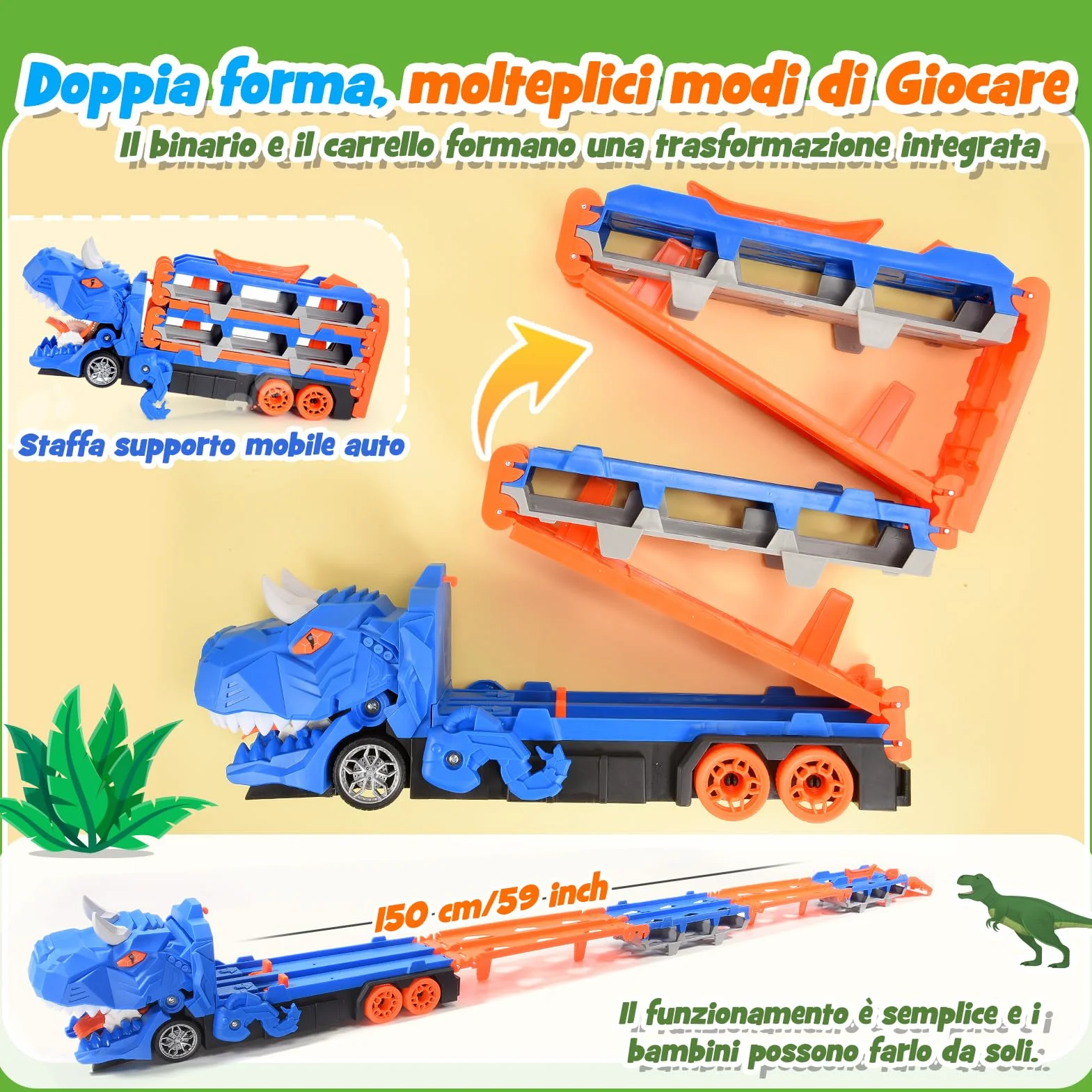iKidiki Dinosauri Camion Macchinine per Bambini, Gioco Bambino 2 3 4 5 Anni Dinosauri per Bambini Regalo Bambino 2 3 4 5 Anni Camion Giocattolo per Bambini, Traccia Car con 6 Auto da Corsa in Lega