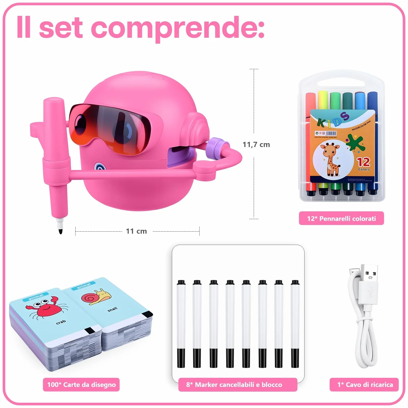 MMOBIEL Robot da Disegno per Bambini Giocattolo Educativo Interattivo con 100 Carte, 12 Pennarelli Colorati, Guida Vocale e Batteria Ricaricabile USB-C – Regalo Creativo per Età 3-9 – Rosa