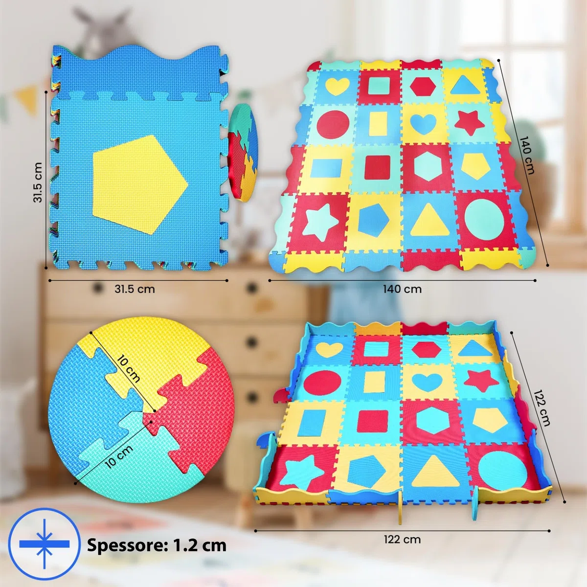 Tappeto Puzzle Bambini Schiuma EVA 140x140 cm con 36 Pezzi Antiscivolo