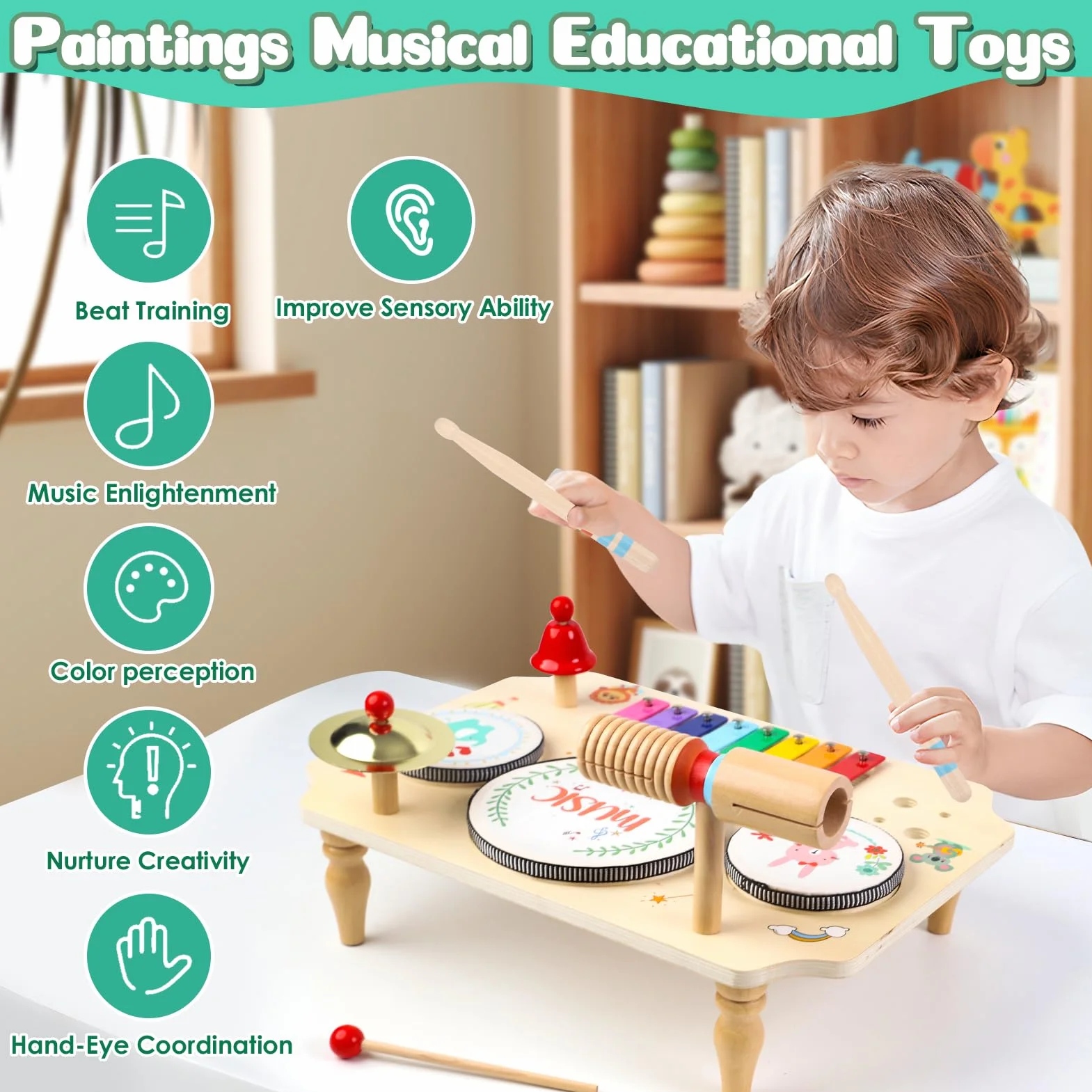LZDMY Giochi Montessori per Bambini 1-3 Anni, Batteria Musicale per Bambini 1-5 Anni, 11 in 1 Tamburo Bambino Xilofono, Giocattoli Musicali in Legno, Regalo per Bambina per Compleanno, Natale, Pasqua