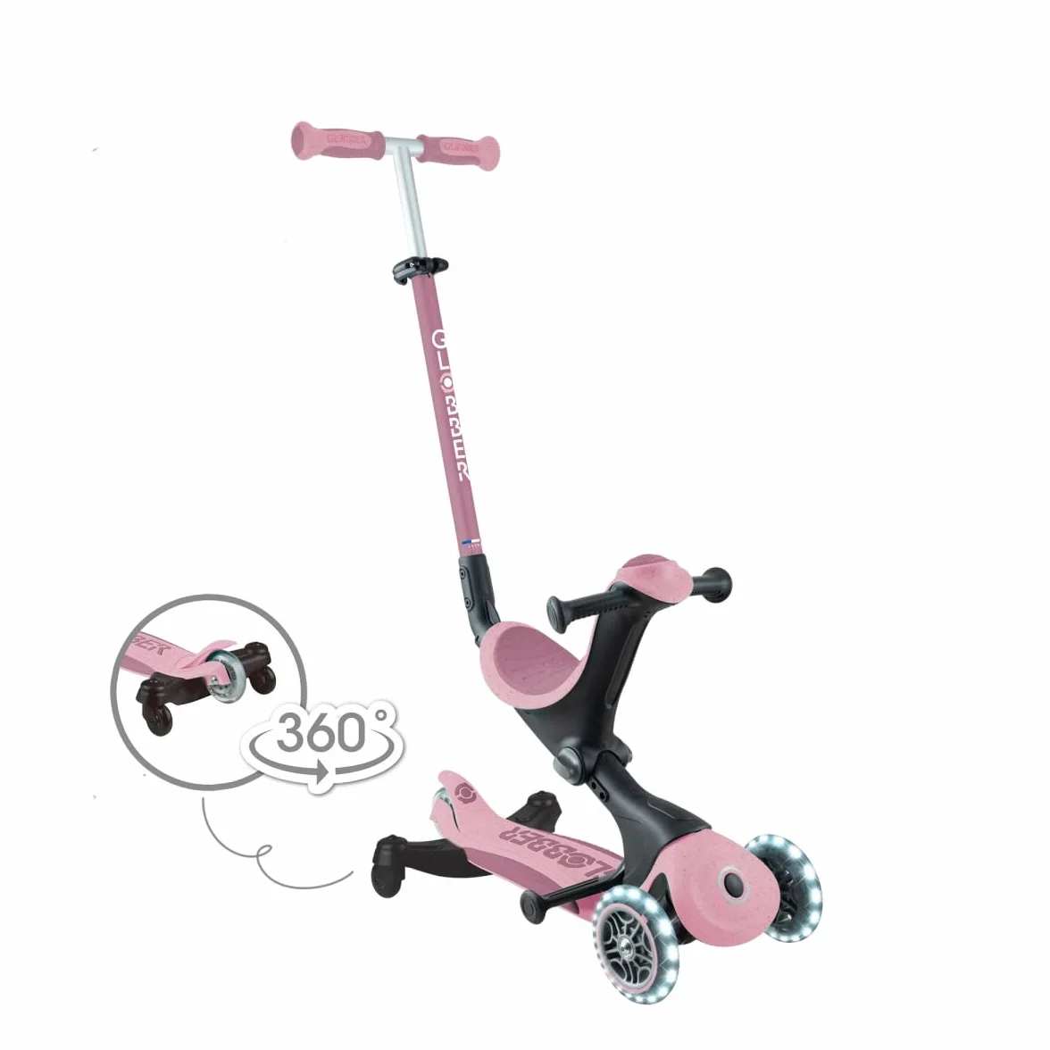 Globber - GO•UP DELUXE LIGHTS ECO 360 - monopattino evolutivo a 3 ruote con seduta girevole a 360°, poggiapiedi, luci LED e materiali sostenibili, per bambini da 15 mesi a 6 anni - rosa bacca