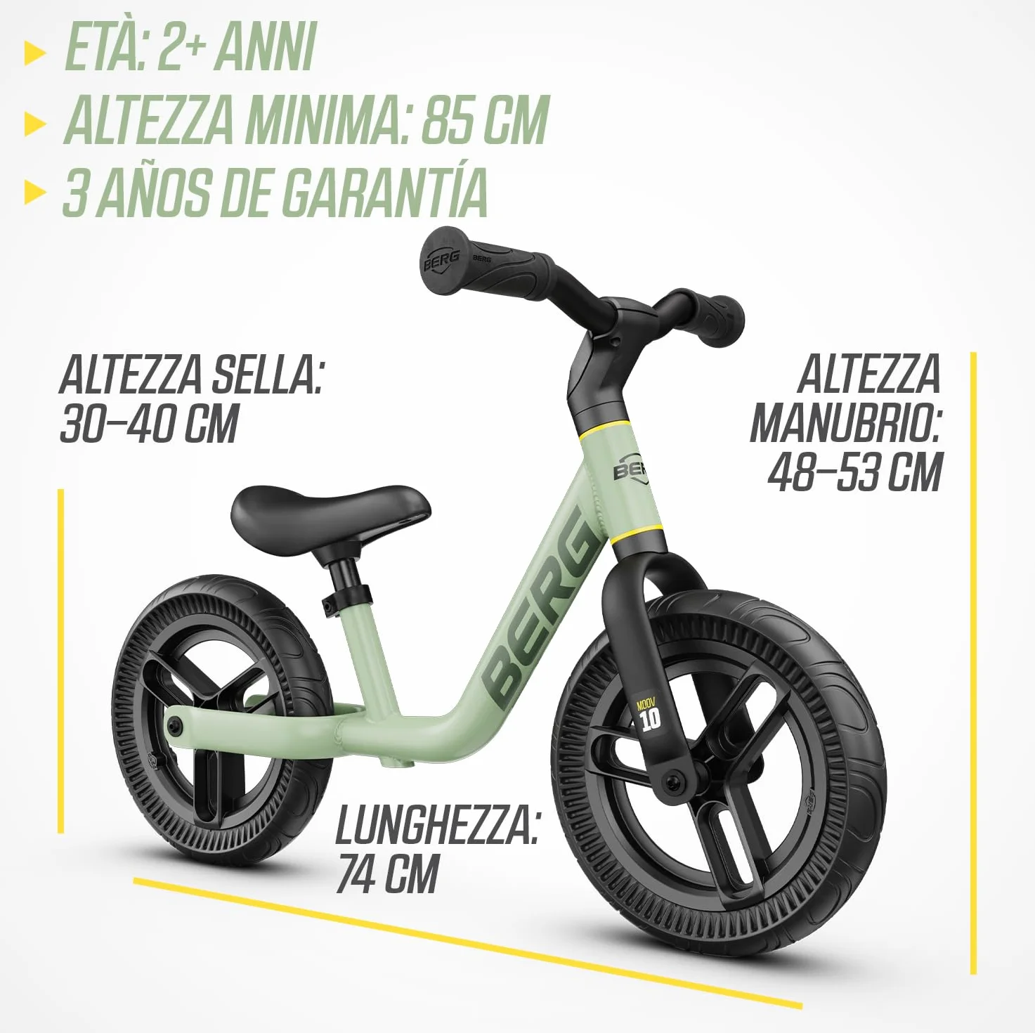 BERG MOOV 10 | Bici Senza Pedali per Bambini da 2 Anni | Ruote EVA Antiforatura da 10 Pollici | Sella e Manubrio Regolabili | Leggera ed Ergonomica | Facile da Trasportare
