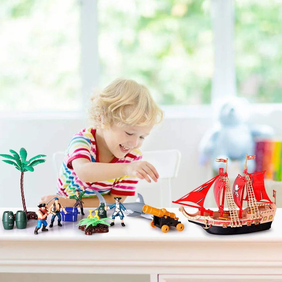 Bambini Pirate Ship Adventure Giocattoli Con Plastica Action Figures Pirate Vessel Playset con Squalo, Barca, Cannone, Alberi e Altri Accessori Regalo Educativo per Ragazzi Ragazze 3 4 5 6 7 8 Anni