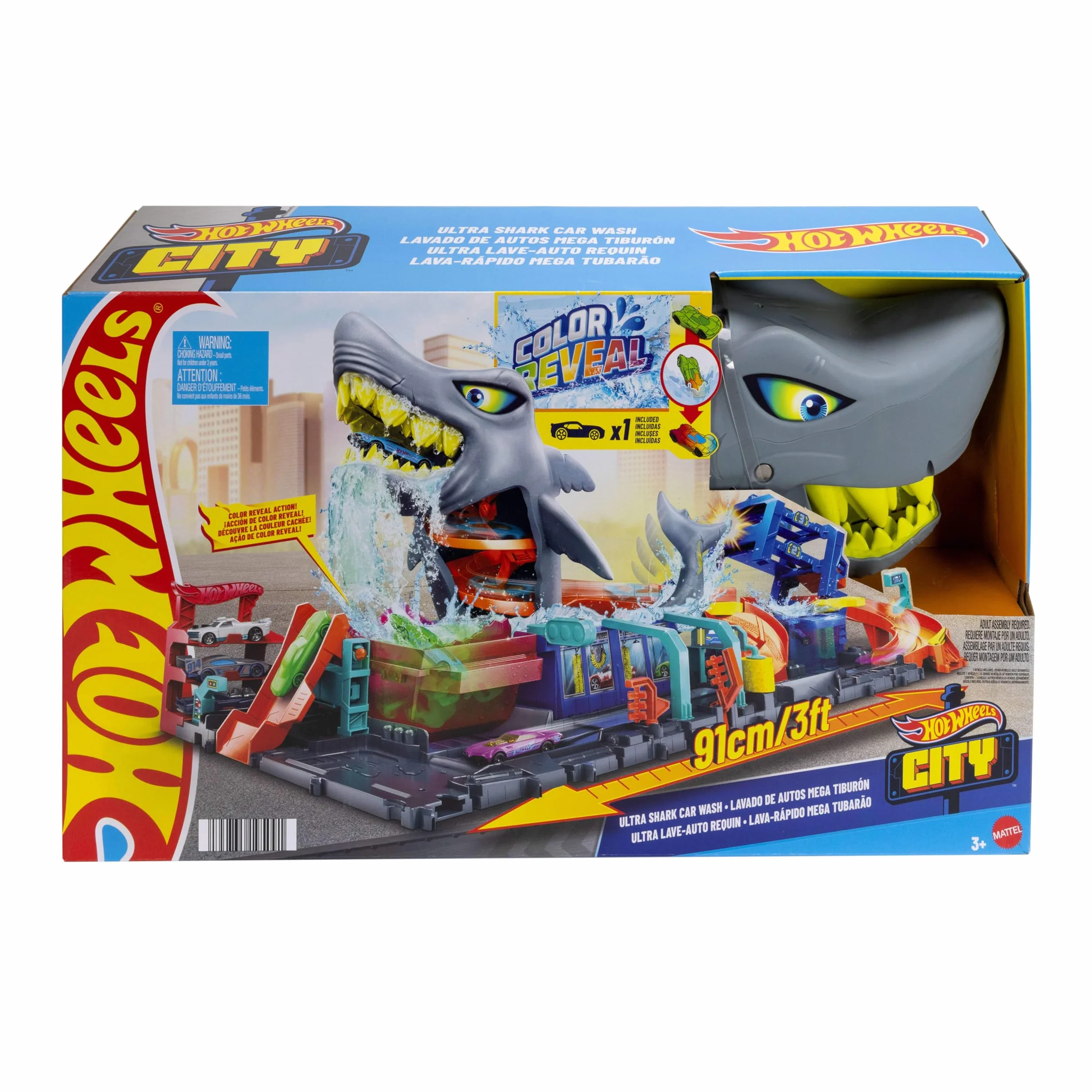 Hot Wheels 'Let's Race' Netflix - Mega Squalo Autolavaggio, pista con rullo di schiuma e cancelli mobili, funzione cambia colore e macchinina Color Reveal inclusa, 3+ anni, HTN82