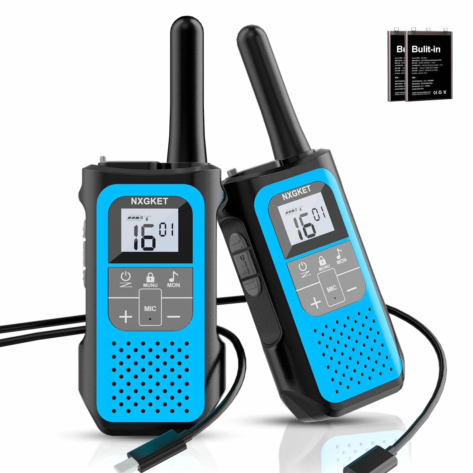 Walkie Talkie per Adulti Bambini, NXGKET Walky Talky Ricaricabile, Lungo Raggio Radio a 16 Canali con Batteria Agli ioni di Litio, Cavo USB-C, VOX per Campeggio e Escursionismo, Set da 2 Pezzi