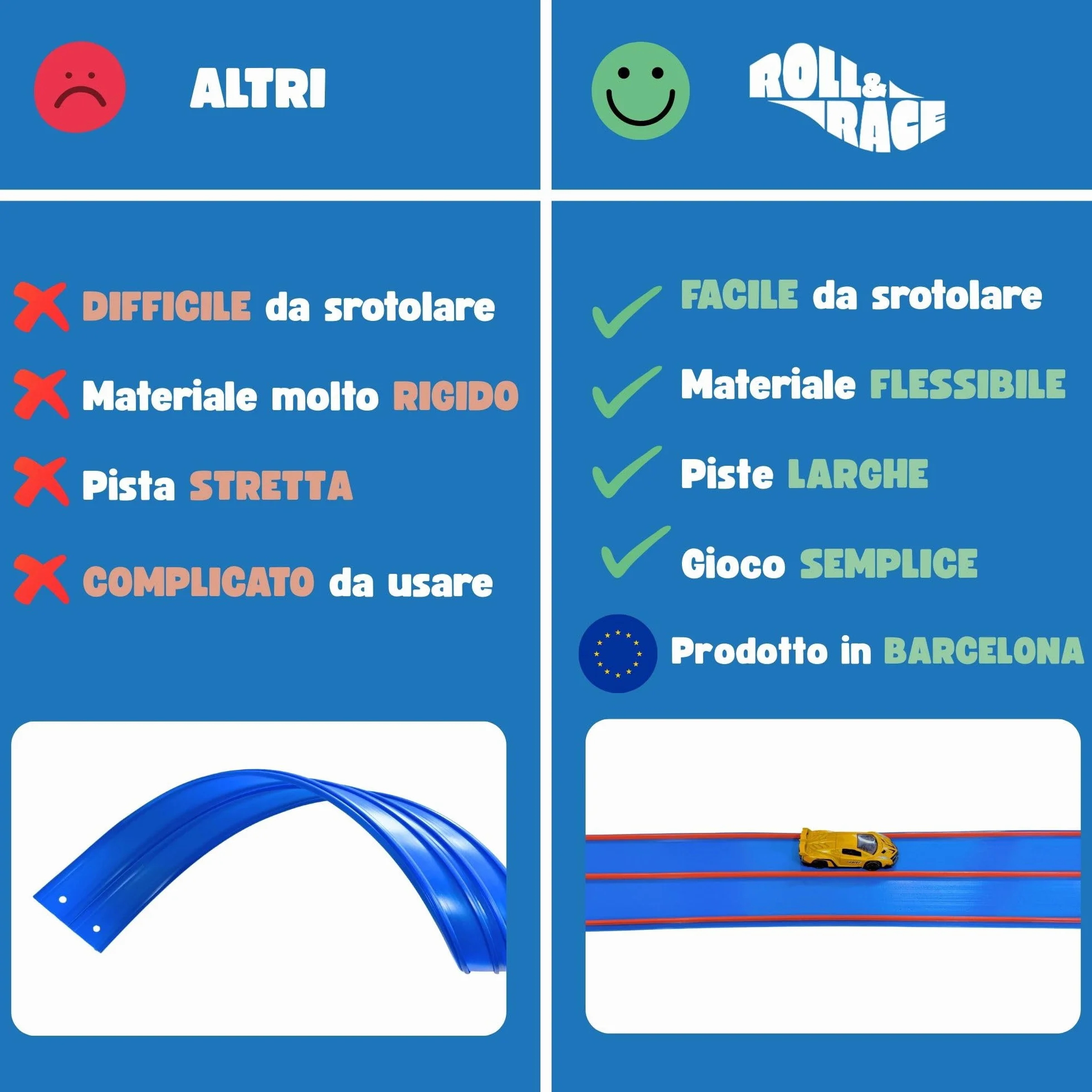 RollAndRace Pista Macchine Flessibile 400cm - Made in EU - Flexible Car Track - Gioco Bambino - Piste Car Wheels - Circuito di Corse per Bambini - Astuccio per il trasporto incluso