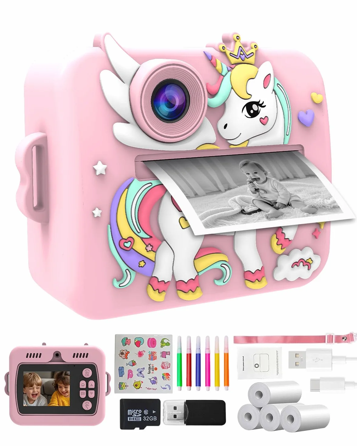 Macchina Fotografica Bambini Unicorno Istantanea, 2.4" Schermo, 1080P Video & 16X Zoom, Fotocamera per Bambini 32GB, Stampa Senza Inchiostro, Giochi, Musica, Regalo Ragazze 3-12 Anni