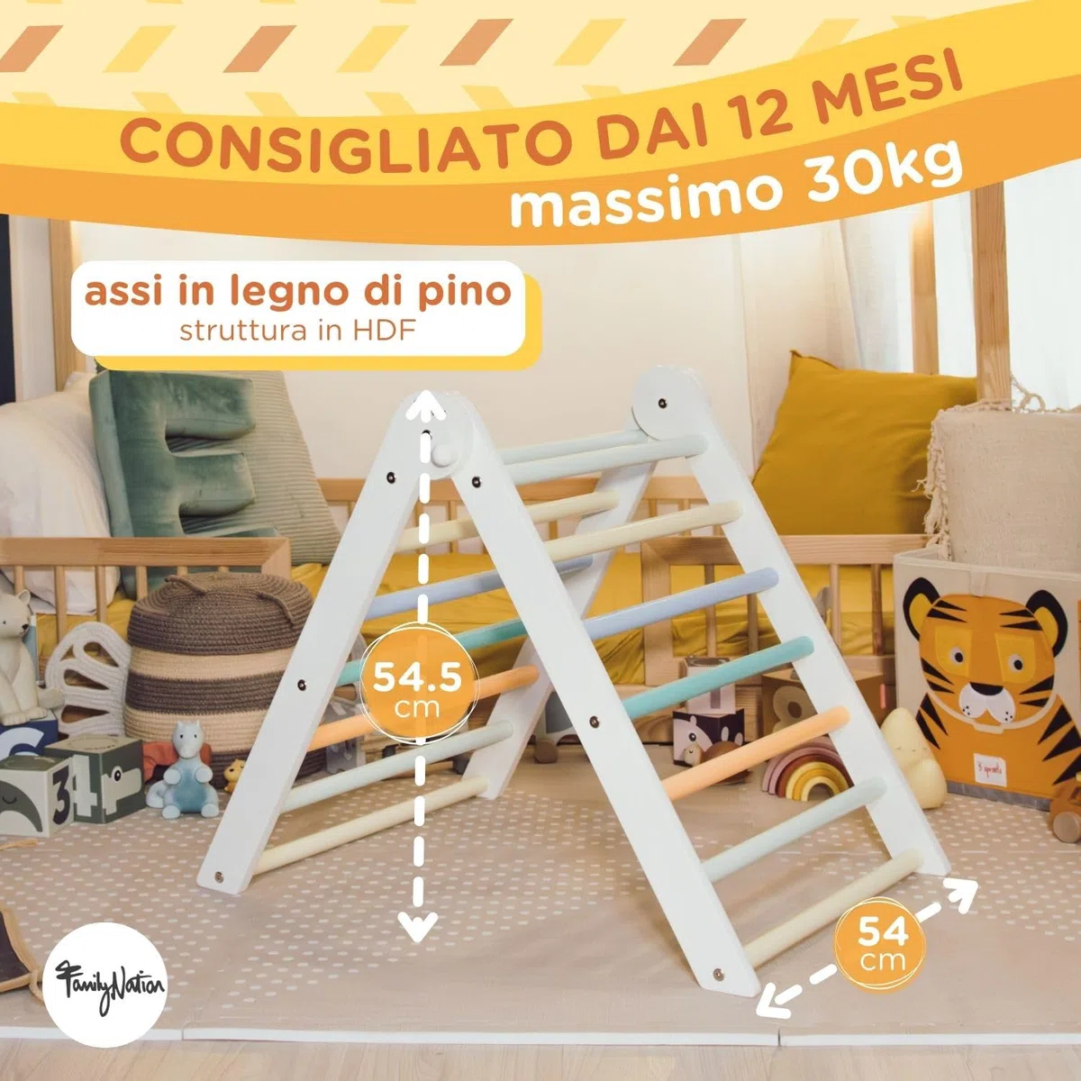 Triangolo Montessori Pikler Sunny Beach per Bambini 1 Anno Struttura in Legno Pieghevole Colori Atossici