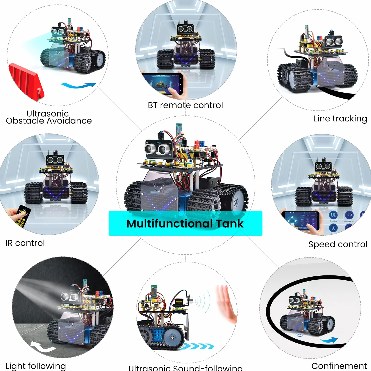 KEYESTUDIO Kit serbatoio robot intelligente per Arduino IDE, kit di costruzione elettronica con UNO R3, sensore a ultrasuoni, ecc. Robot di programmazione fai-da-te STEM educativo per 14+ adolescenti