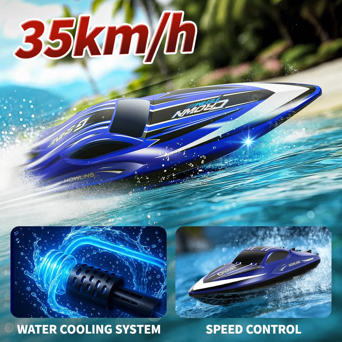 Barca Telecomandata 35 km/h con LED, Funzione Flip, Raffreddamento ad Acqua, Allarme Batteria Scarica e Distanza, 2 Batterie, Impermeabile, 2.4 GHz, per Bambini e Adulti, per Lago e Piscina