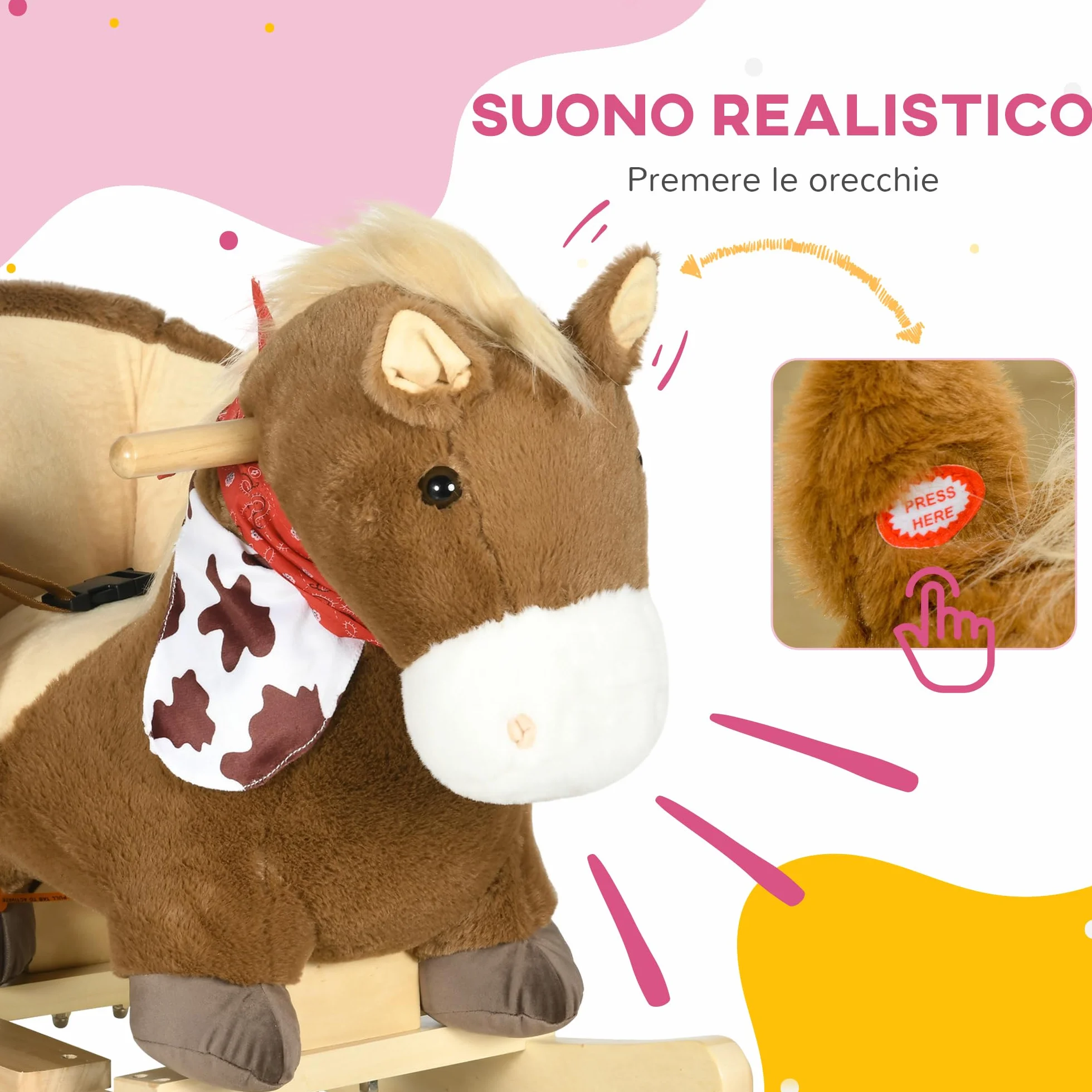 HOMCOM Cavallo a Dondolo per Bambini da 18-36 Mesi, Cavalluccio a Dondolo per Bambini Cavalcabile con Suoni Realistici, 60x33x50 cm, Marrone