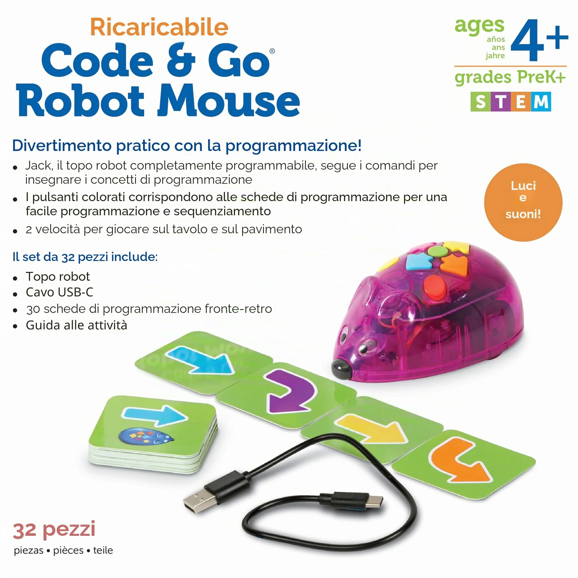 Learning Resources Set di attività Ricaricabile Code & Go Topo Robot, Giocattoli per Bambini e Bambine di 4 Anni, Robot Programmabile Interattivo Senza Schermo