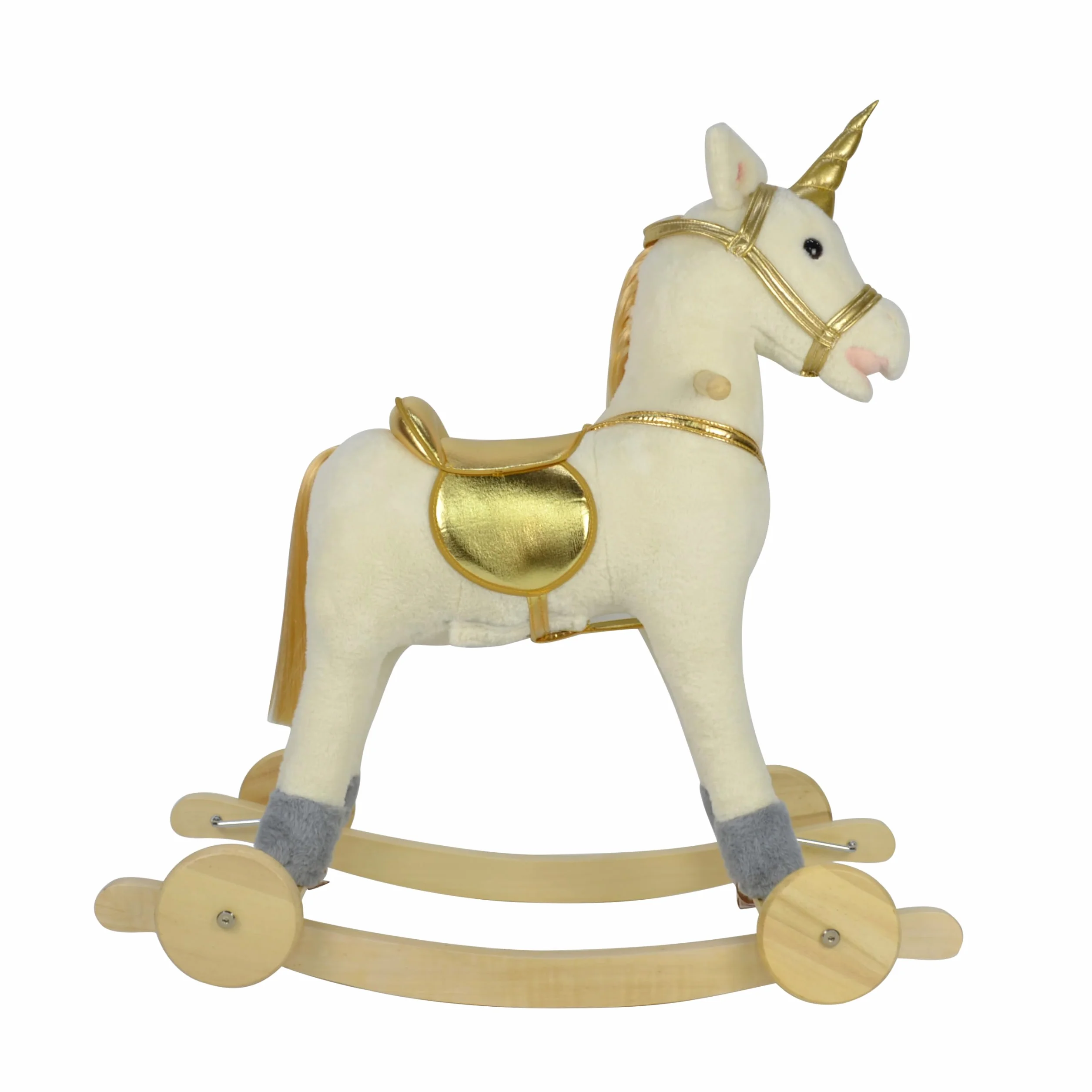 Cavallo a Dondolo per Bambini 36-72 Mesi Unicorno a Dondolo Cavalcabile in Legno e Peluche con Rotelle Suoni e Movimenti Realistici 74x30x62 cm (Bianco e Oro)