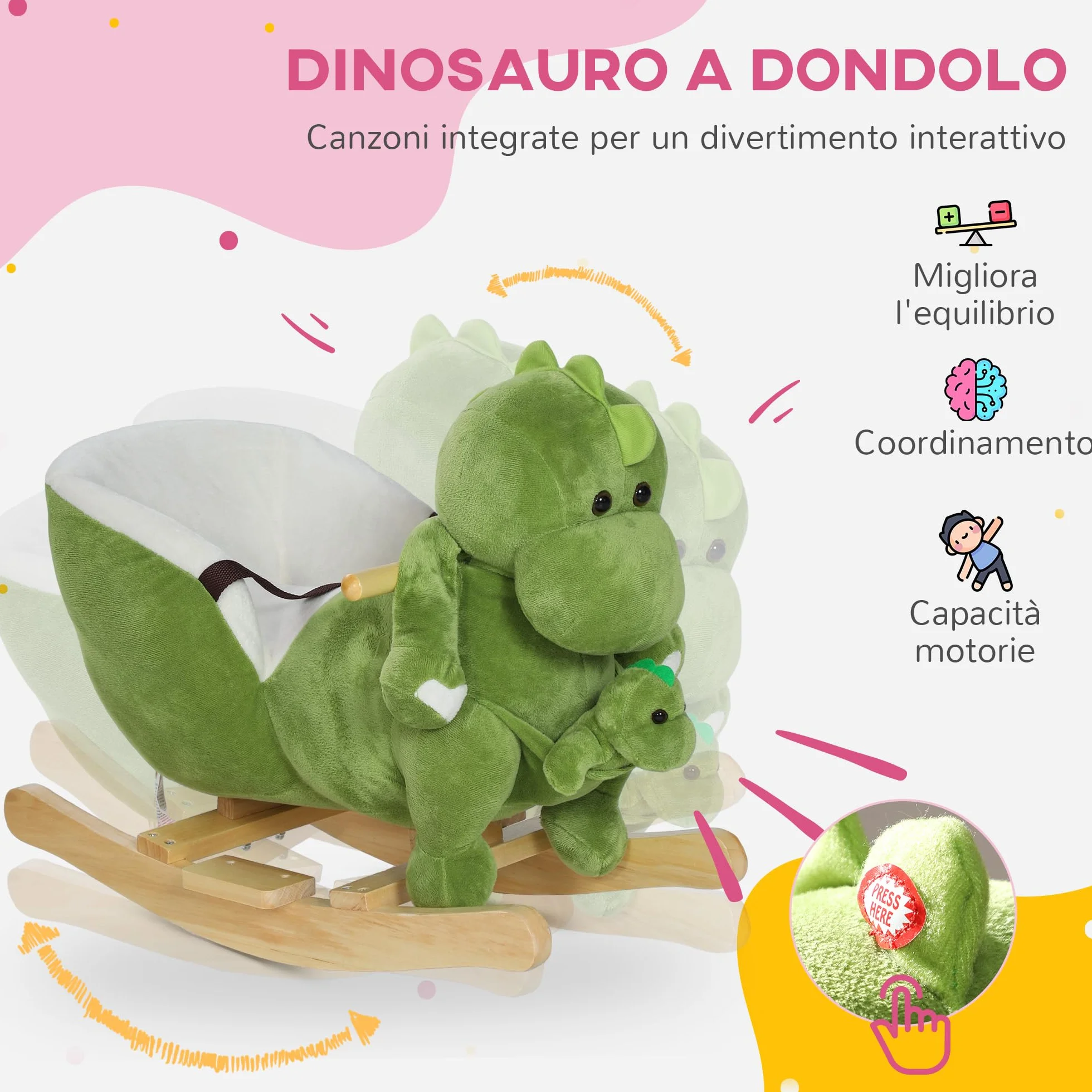 AIYAPLAY Cavallo a Dondolo per Bambini a Dinosauro con Marionetta, Cavallino Cavalcabile con Suoni e Rivestimento Morbido, Età 18-36 Mesi, Verde