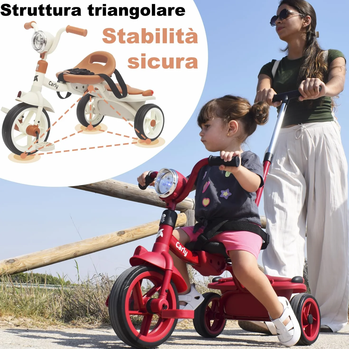 Twinly Triciclo Evolutivo per Bambini Pieghevole per bambini 1-5 Anni - Triciclo per Bambini Leggero e Compatto - Manubrio con Luce e Suono, Cestino e Barra di Spinta Regolabile Carly (Bianco)