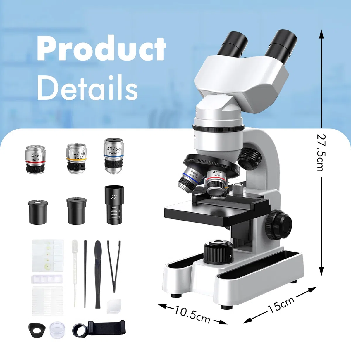 Microscopio binoculare per adulti e bambini, ingrandimento 40X-1600X con doppia illuminazione a LED, microscopio educativo biologico con kit di avviamento completo con 25+ accessori