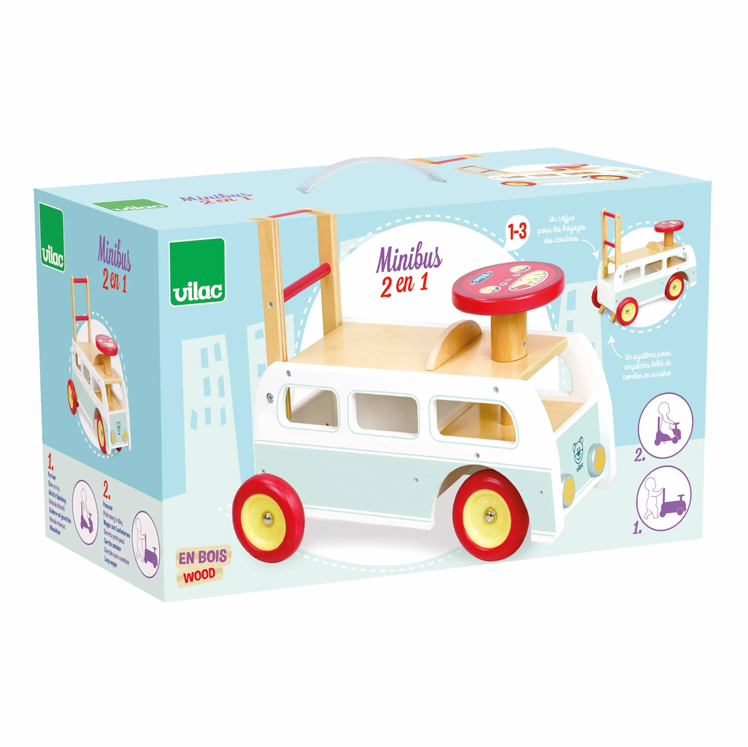 Vilac Campervan Walker 2 in 1 in legno, con scomparto nascosto, giocattolo cavalcabile, adatto per bambini dai 12 mesi in su