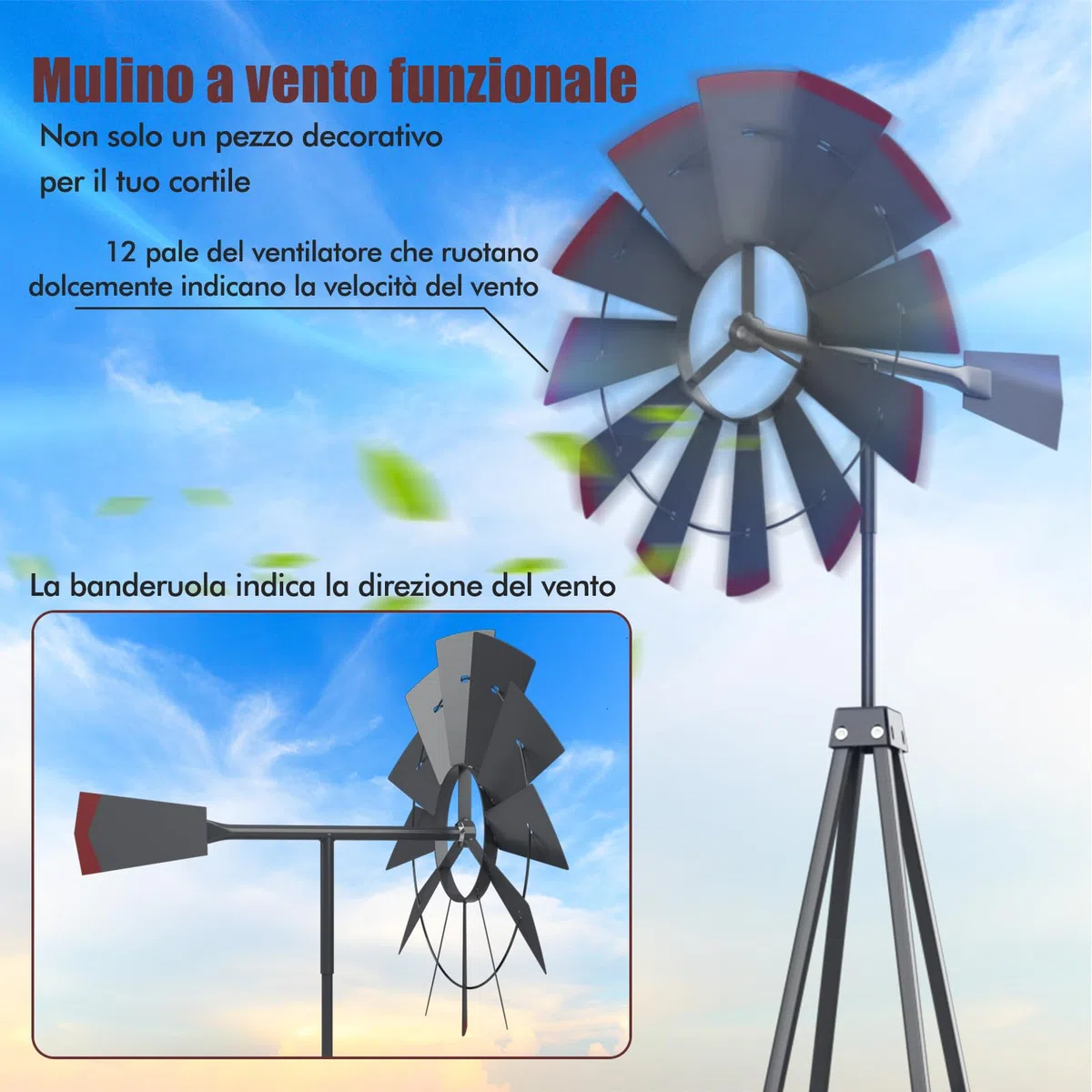 COSTWAY Mulino a Vento da Giardino 45 CM, con Cuscinetti a Sfera, Resistente alle Intemperie, Grigio